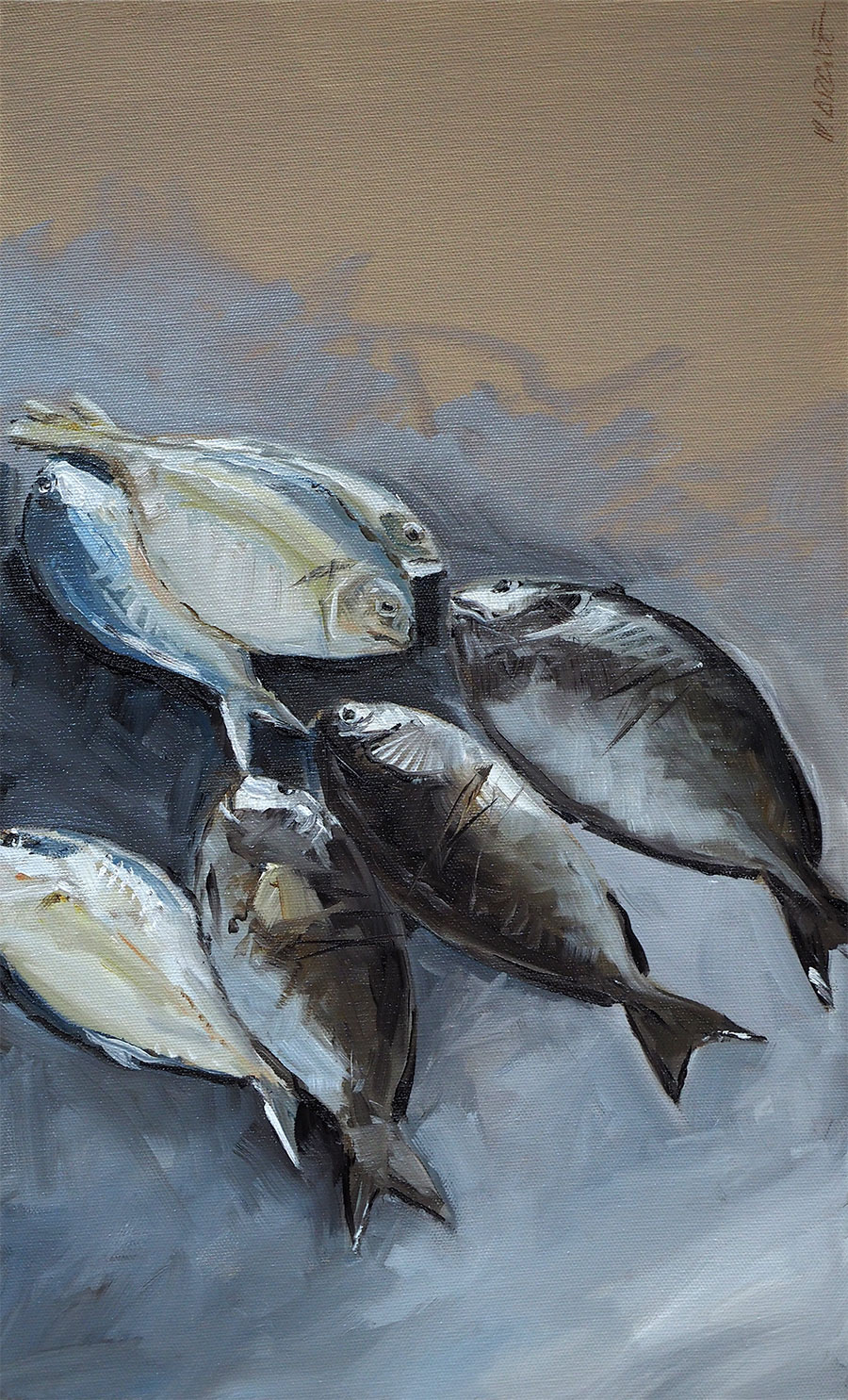 Réf. H-15.007 - Nature morte de poissons. Huile sur toile 27x46 cm - Col. Particulière