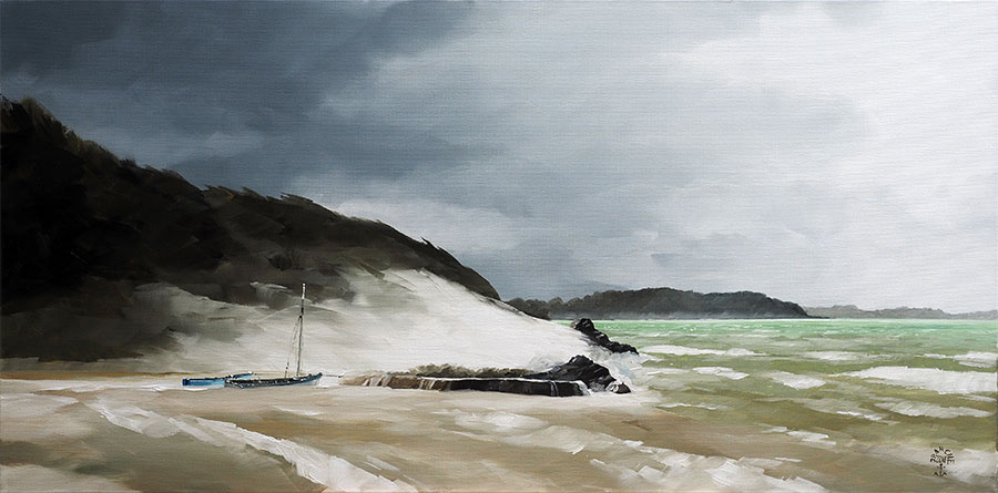 Réf. H-18.018 - Embruns d'hiver au Goret, Ile aux Moines. Huile sur toile 80x40 cm - Col. particulière