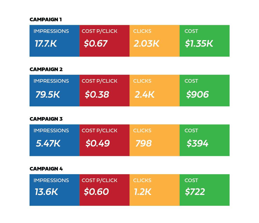 Google Ads SEM campaign results overview with conversion rates and budget breakdowns managed by Marketing With Dmitriy in Boise, Idaho