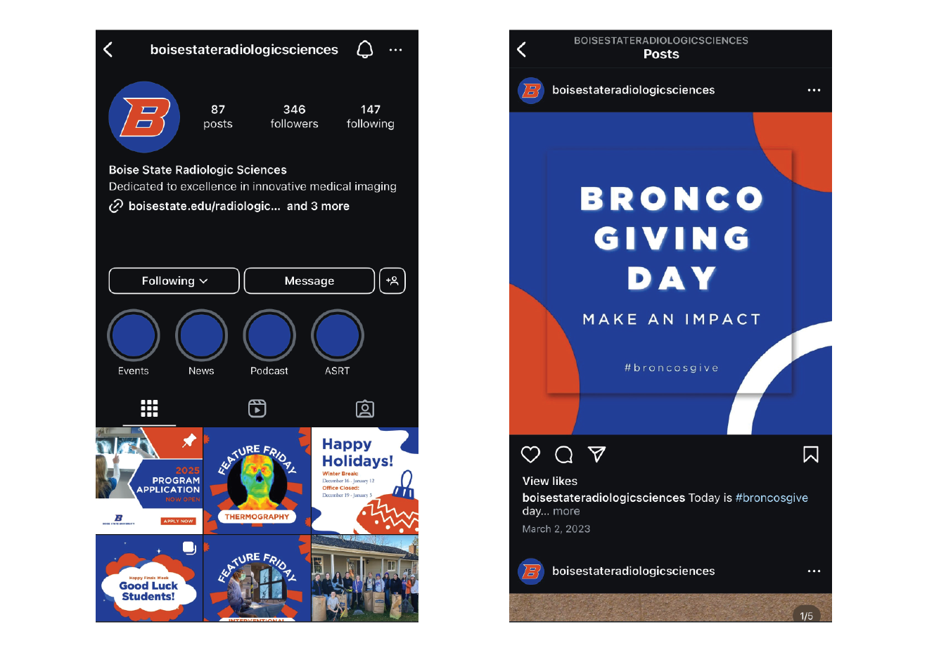 Boise State Radiologic Sciences Instagram and Facebook social media management example by Marketing With Dmitriy in Boise, Idaho