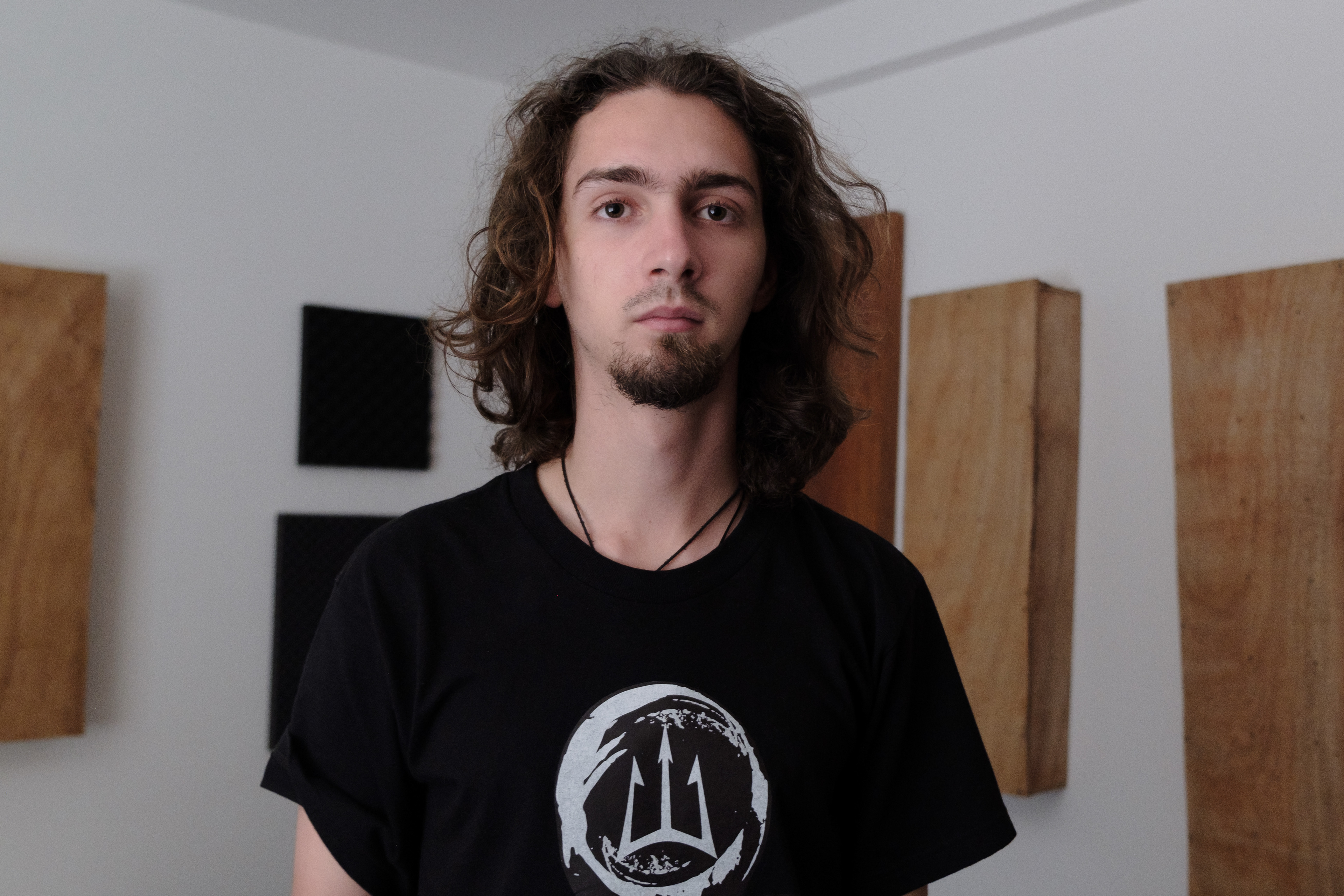 Sebastian Lemoine poses for a portrait in the recording room. All the accoustic treatment of the place was built and installed by him and his father Luis Lemoine. Caracas, April 6, 2019