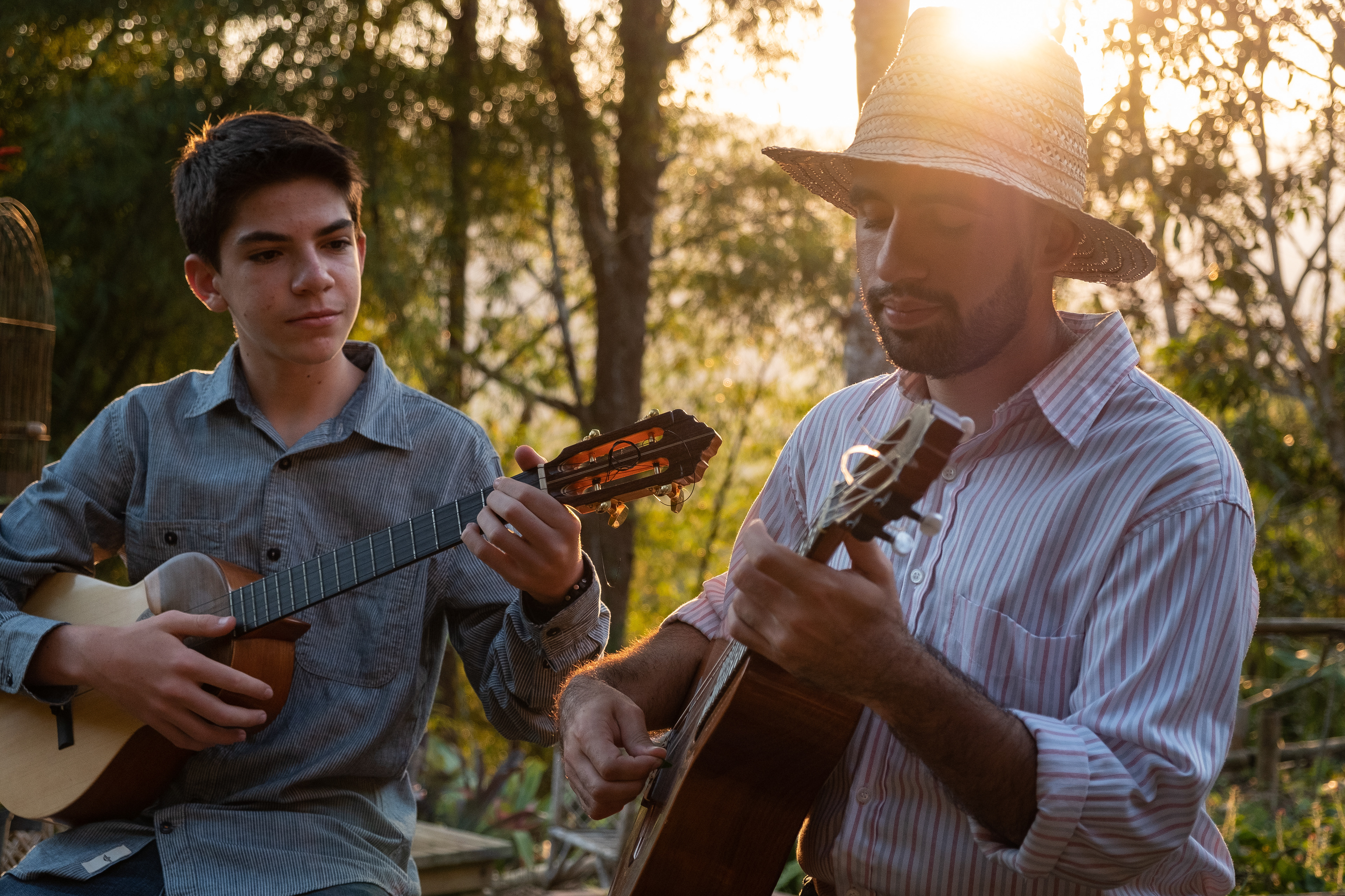 Andres Cartaya with one of his students play Joropo, a type of Traditional Venezuelan Music. Caracas March 22, 2019