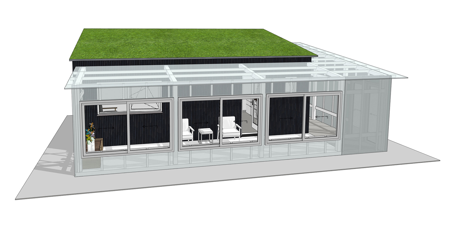 Voorbeeld van een studio bestaande uit een meer gesloten deel met een groen lesennasrsdak en een zwarte gevel met in een L een omliggende lichte serre    