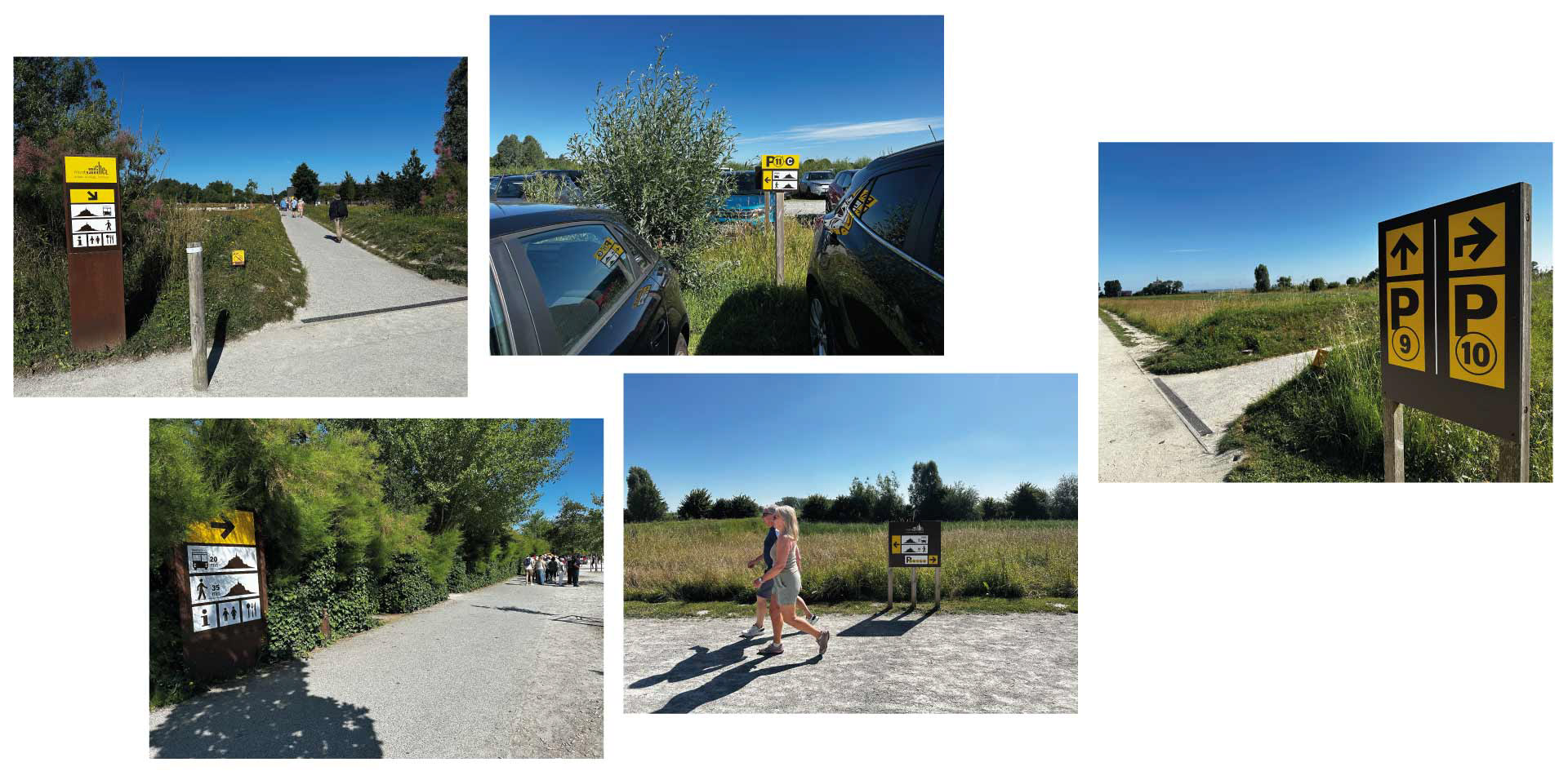 quelques exemples de panneaux de signalétique sur les espaces de stationnement et de kjalonnement du mont-saint-michel