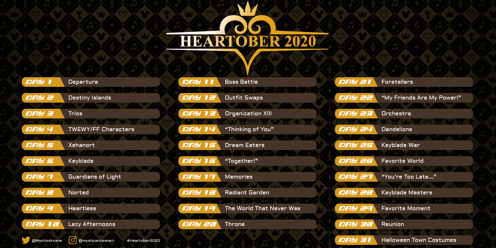 Heartober poster showing the prompts to draw throughout October.