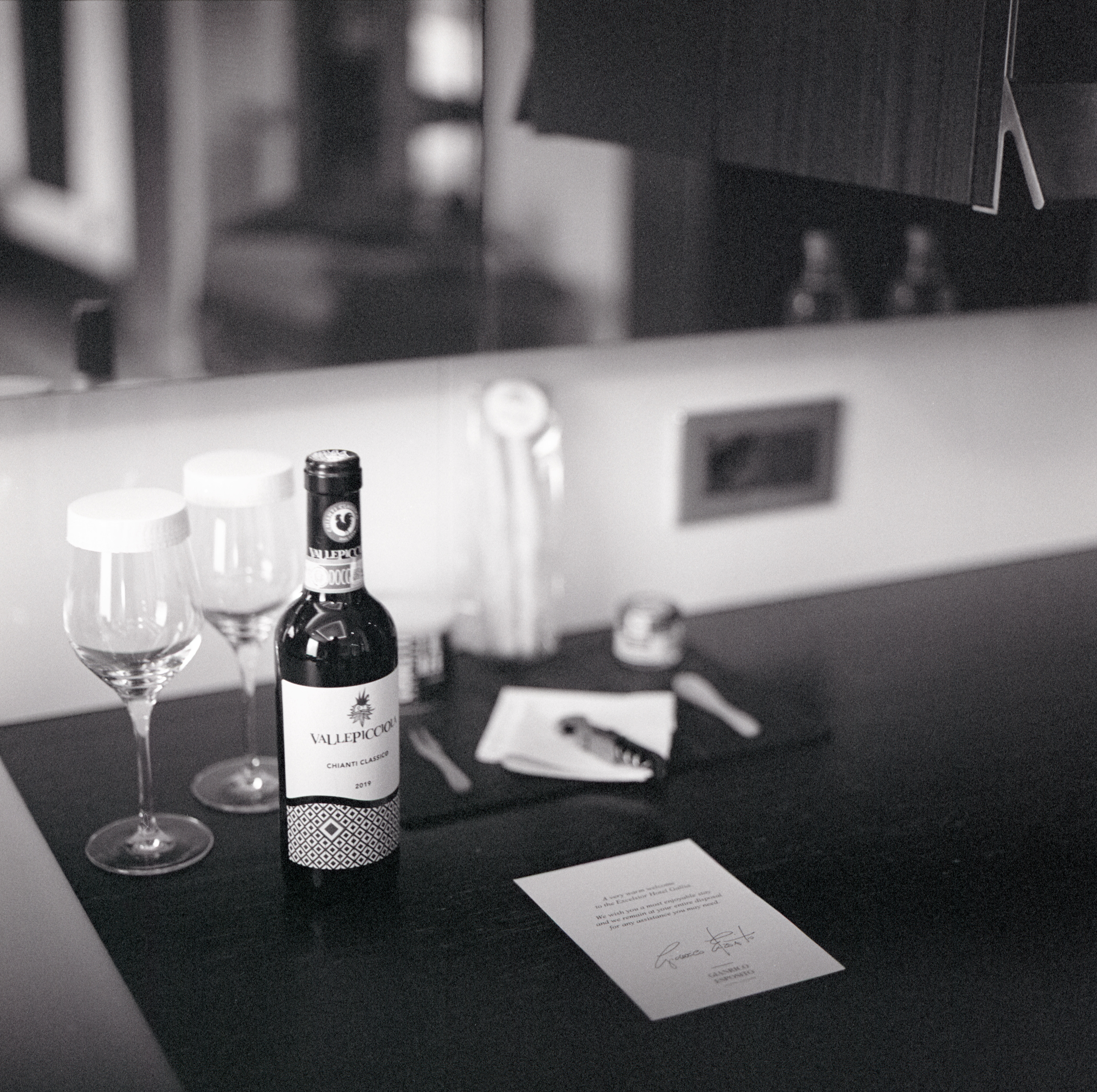 Ilford Delta 3200. The Hotel Gallia staff always leaves a welcome gift and note