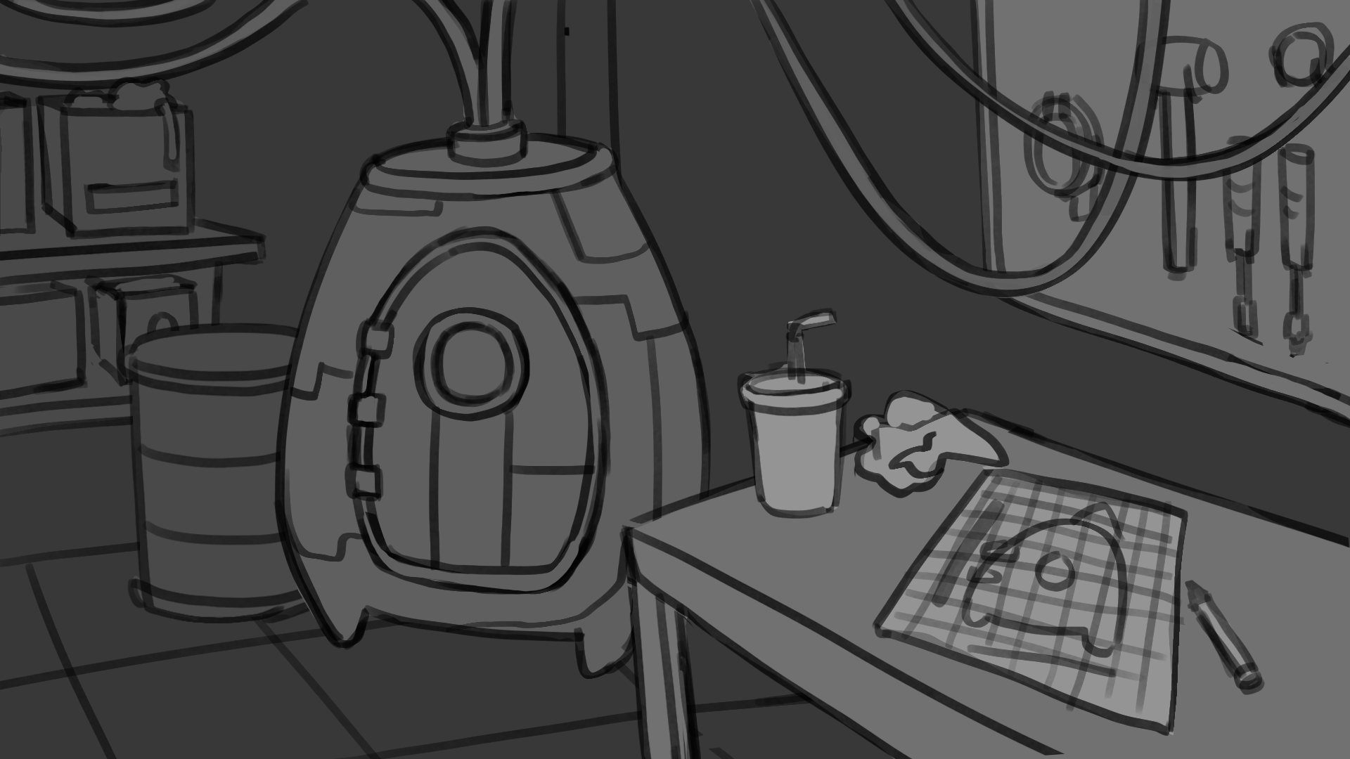 an interior shot of a basement, featuring a mysterious time machine and various cluttered accoutrements of a genius scientist