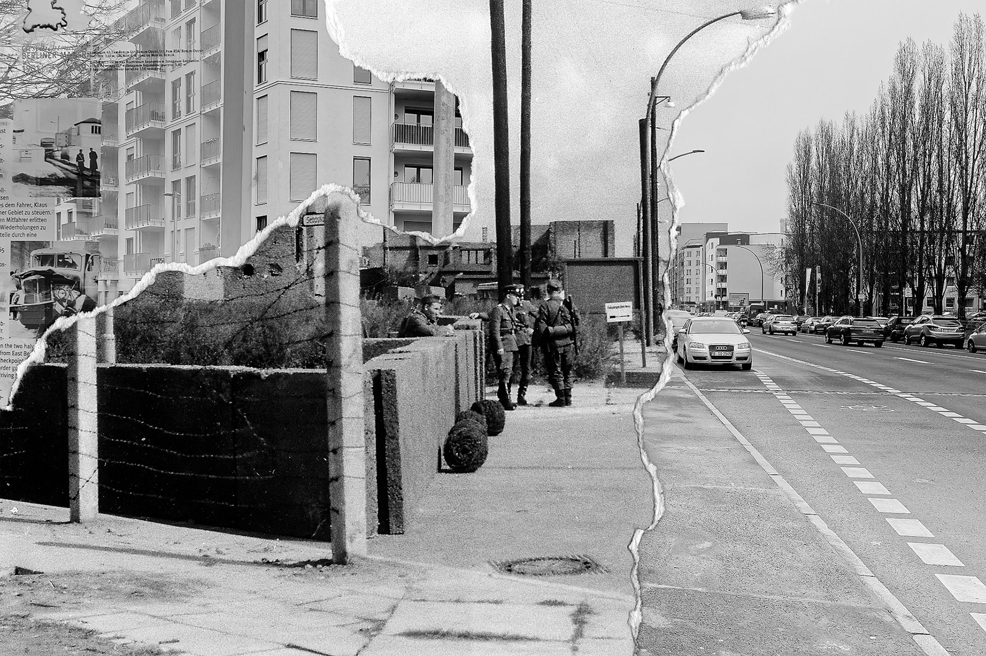 Border soldiers guarding the unfinished Wall in Sebastianstraße, Berlin, August 15, 1961 - Historical source: Stiftung Berliner Mauer (F-023710), photo: Günter Ohlendorf, CC BY-SA 4.0