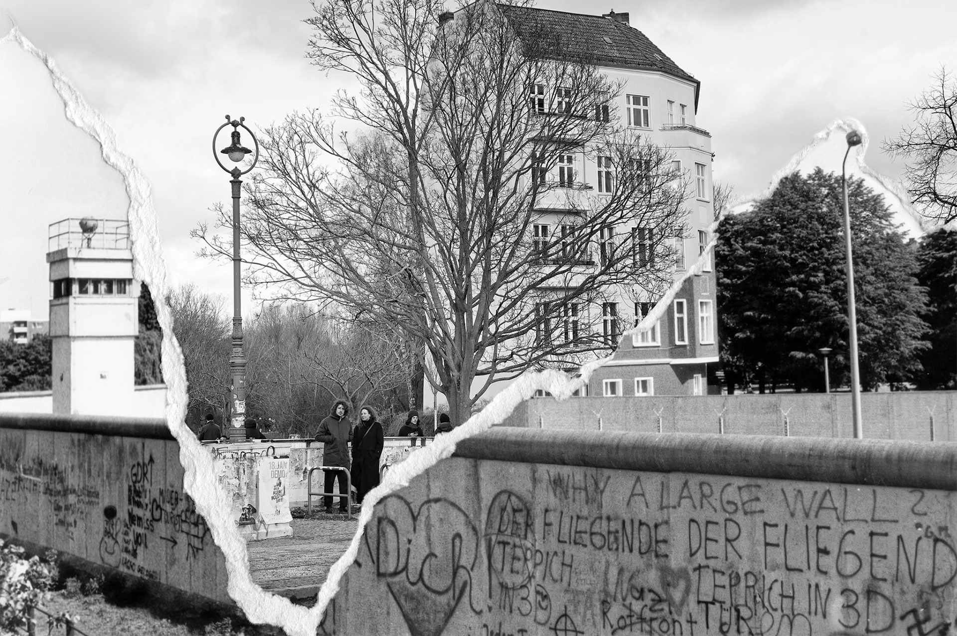 Berlin Wall with border house and watchtower at Lohmühlenbrücke, Berlin, May 1986 - Historical source: Stiftung Berliner Mauer (F-021058), photo:  Hans-Joachim Grimm, CC BY-SA 4.0