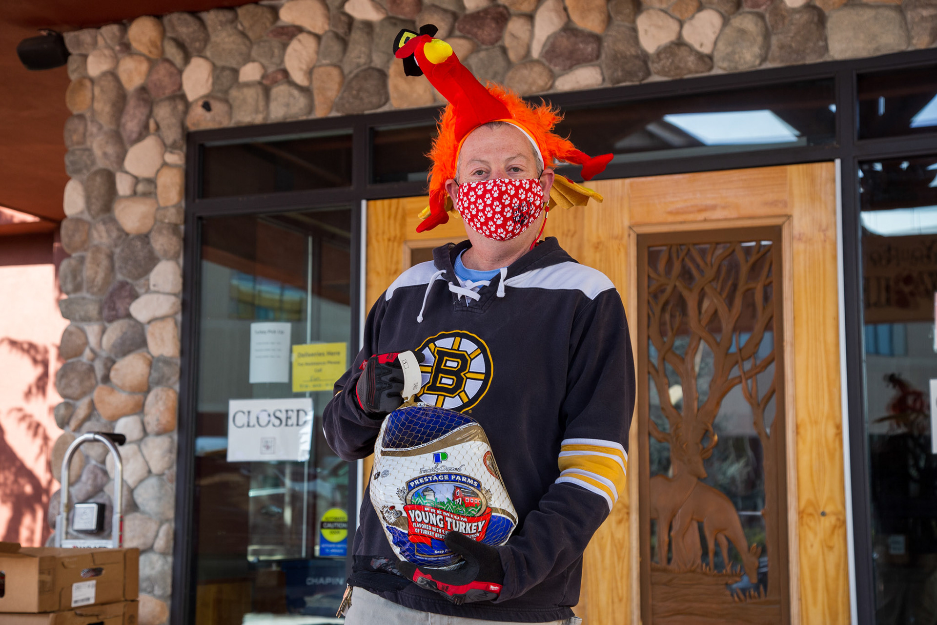 General Manager of Great Wolf Lodge hands out turkeys to employees. November 2020, Fitchburg, MA