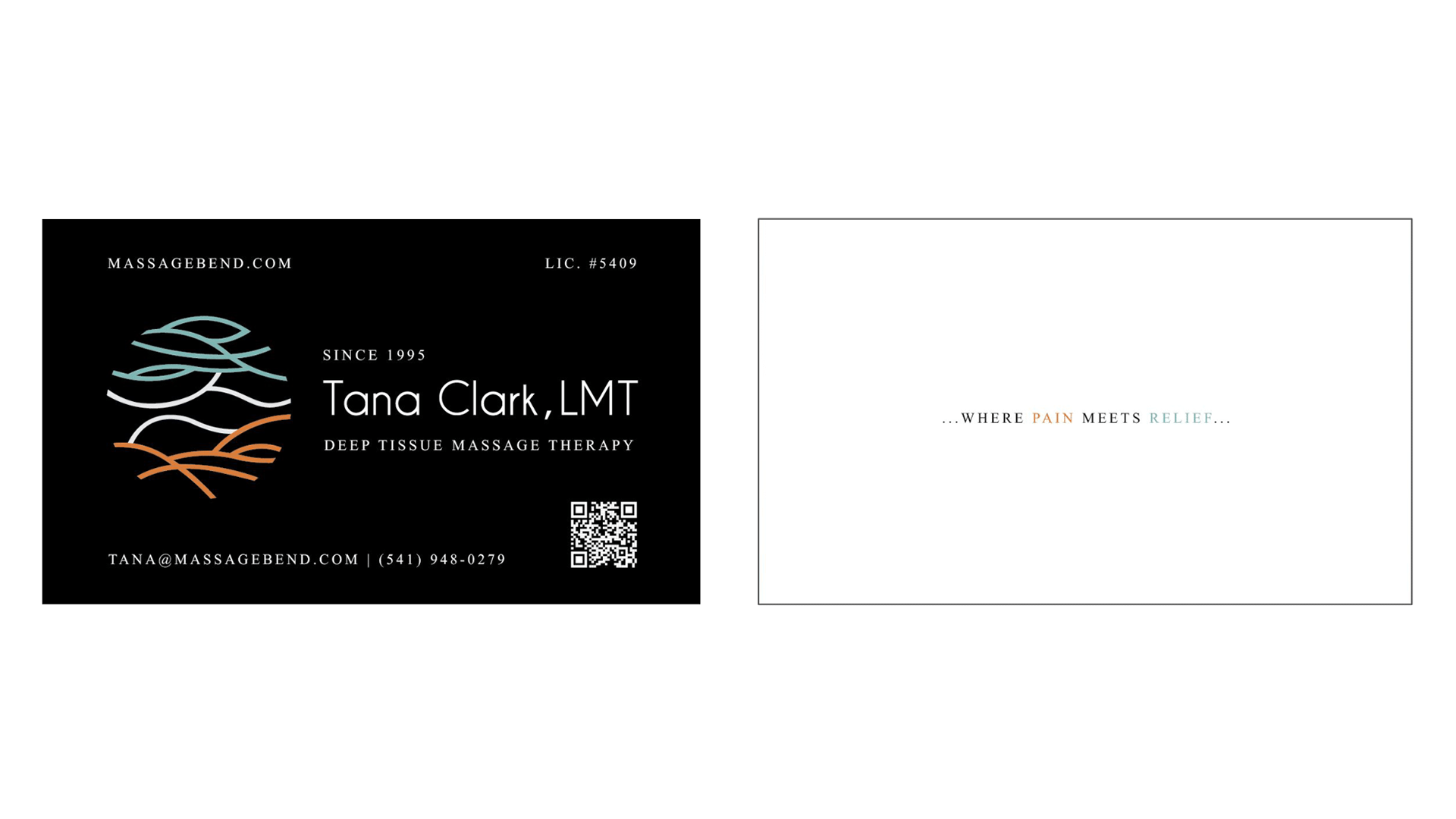 Massage Bend business card, where pain meets relief.