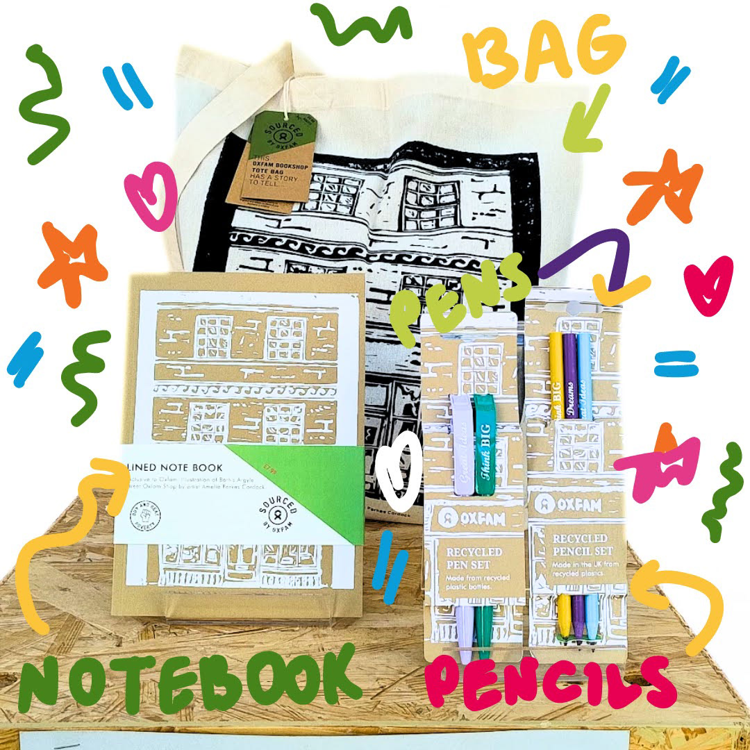Display of the bag, notebook, pens and pencils