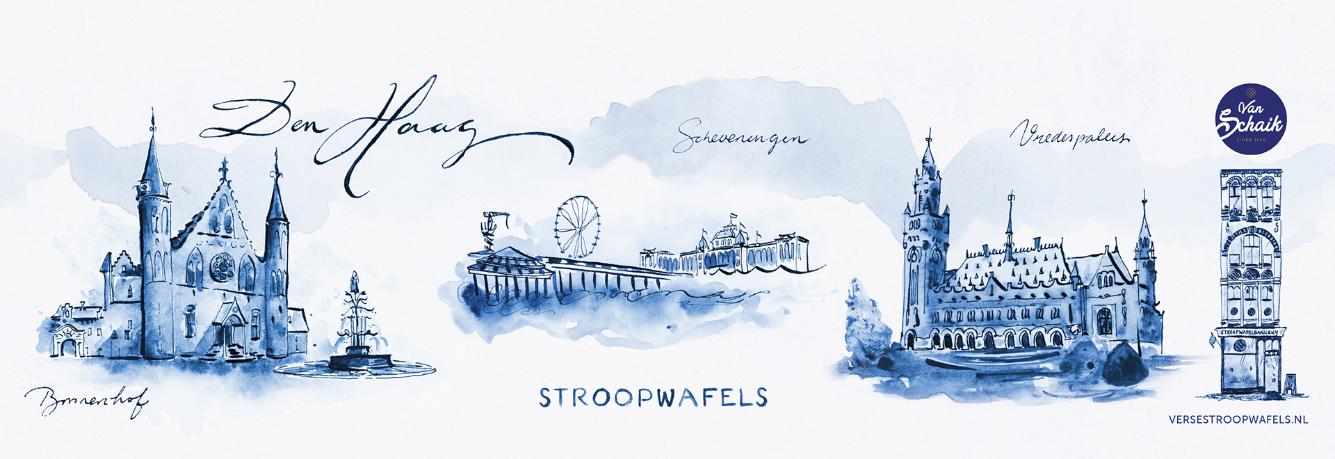 Delftsblauwe blik van Van Schaik Stroopwafels met de Ridderzaal, De Pier op Scheveningen, Het Vredespaleis en de winkel aan de Venestraat.