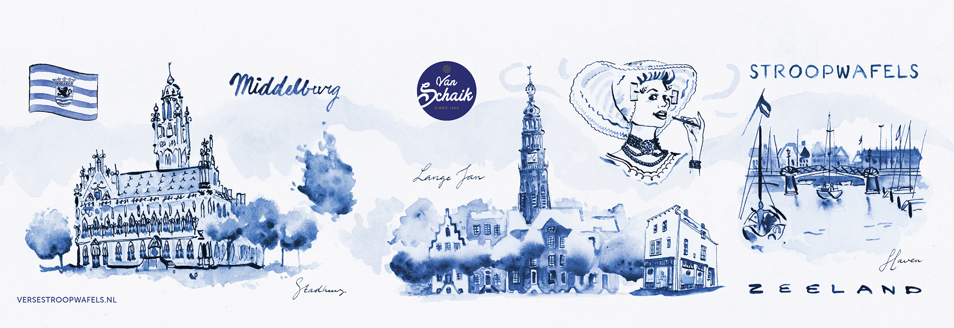Delftsblauwe blik Van Schaik Stroopwafels met het stadhuis van Middelburg, de Lange Jan, de Middelburgse Haven en de Provincievlag en een Zeeuws meisje.