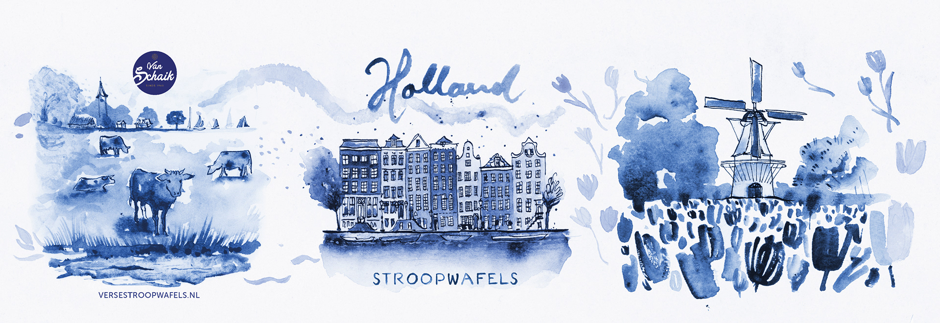 Hollandse blik Van Schaik Stroopwafels in Delftsblauw met drie Hollandse tafereeltjes: Koeien in de wie, dorpsgezicht en zeilboten op het water, Amsterdamse grachten, een tulpenveld met molentje.