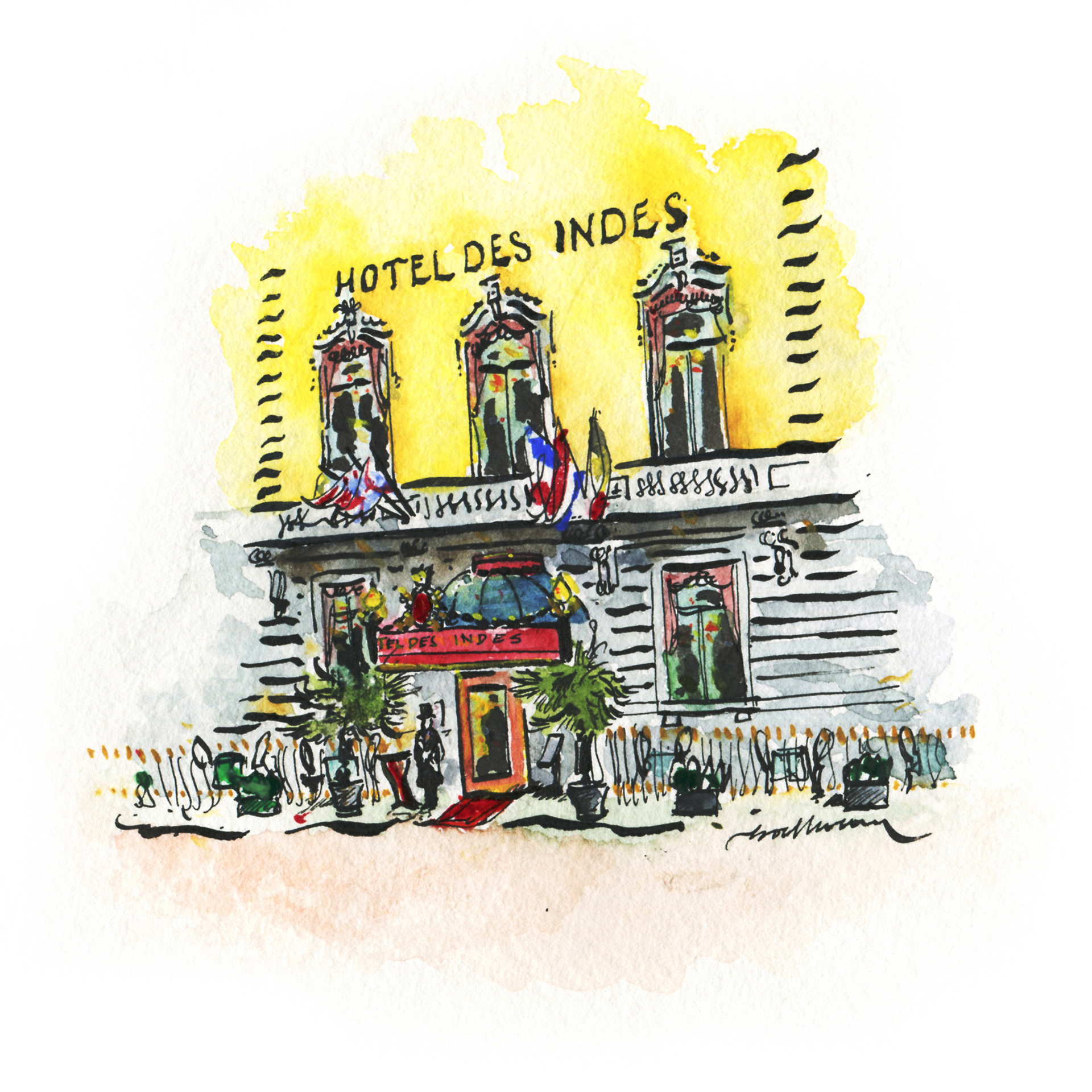 Vrije tekening van de entrée van Hotel Des Indes aan het Lange Voorhout te Den Haag in pen en aquarel