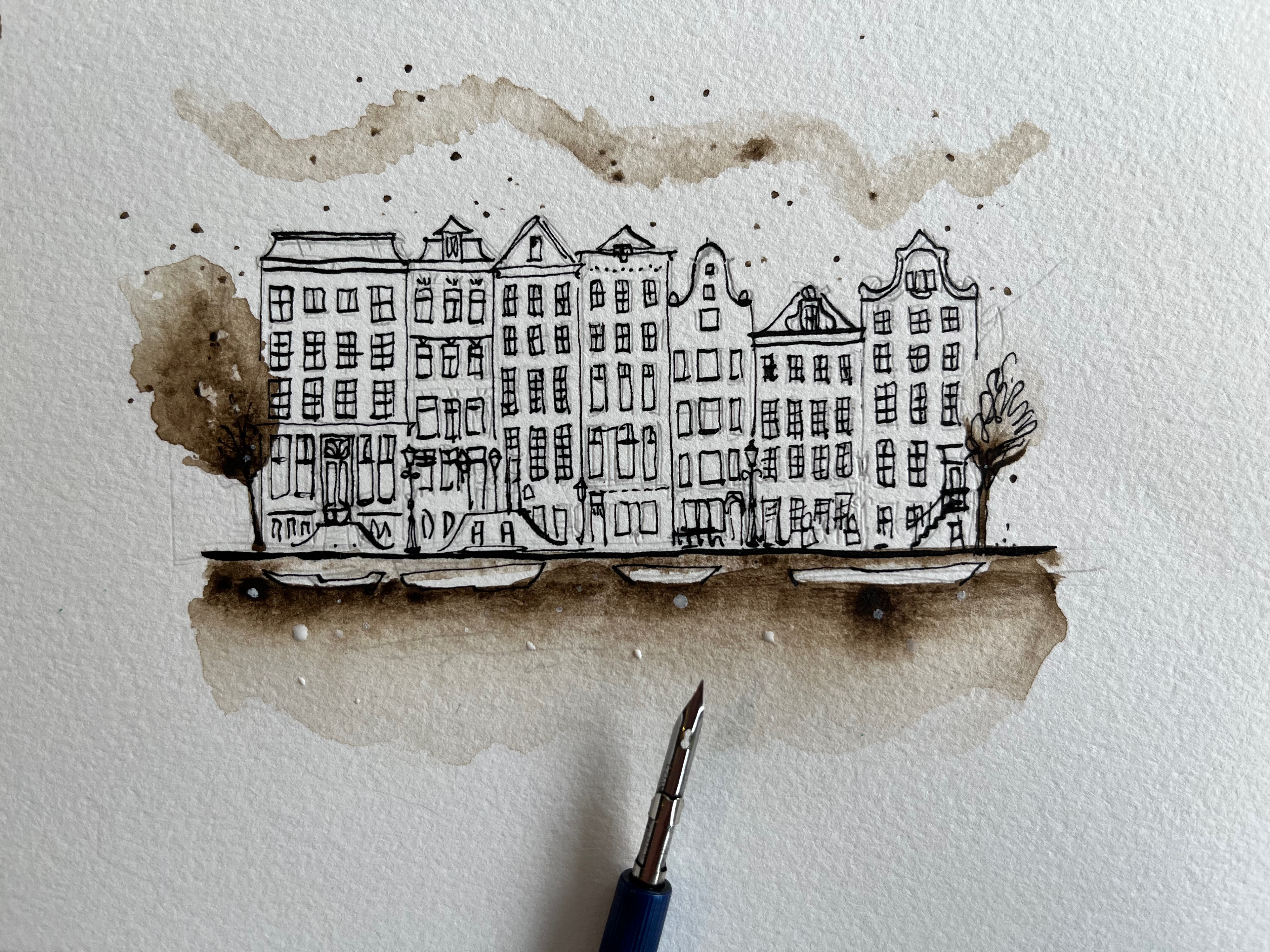 Grachtenpanden Amsterdam, Aquarel, Pen en inkt