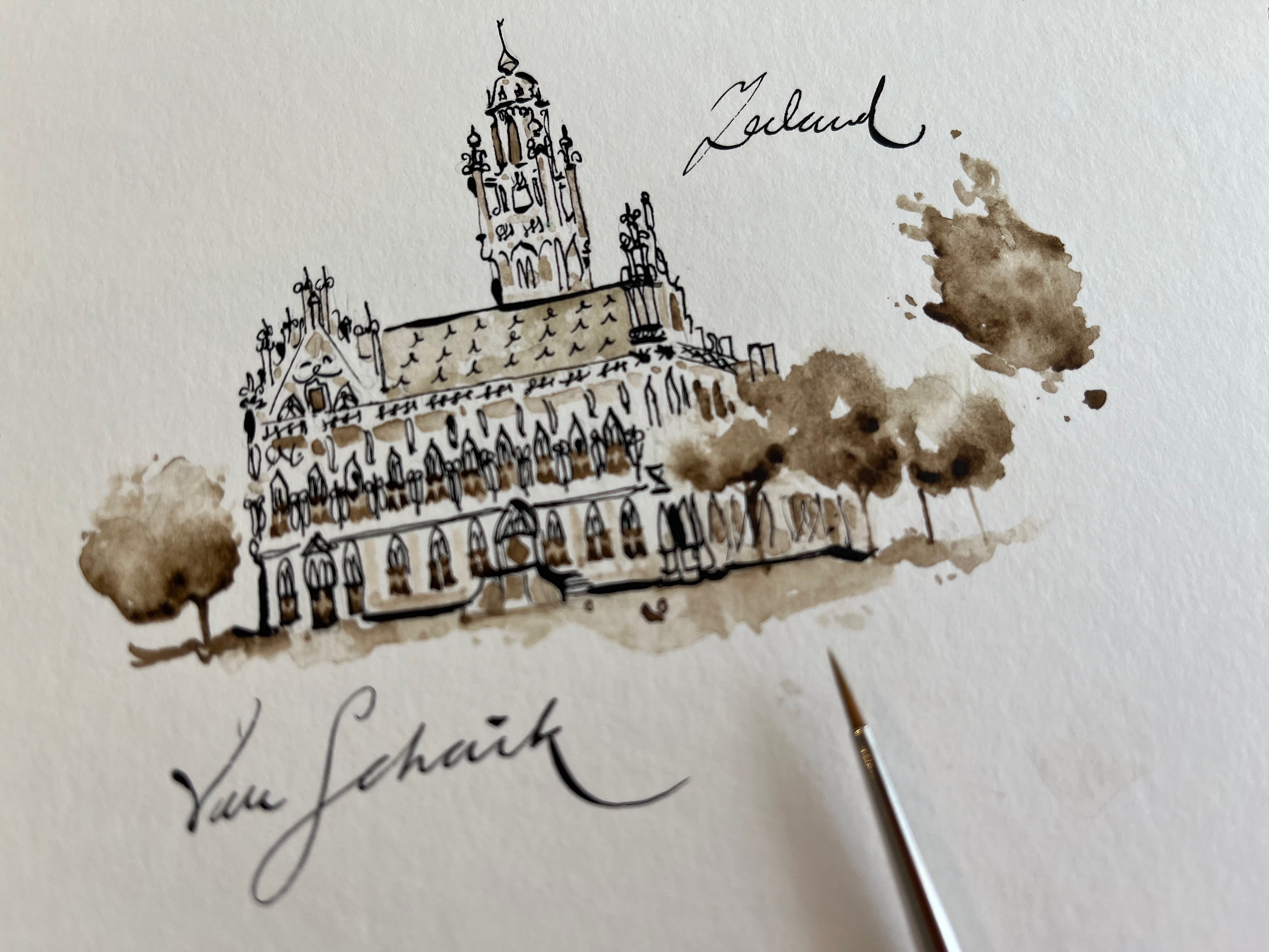 Stadhuis Middelburg, Aquarel, Pen en inkt