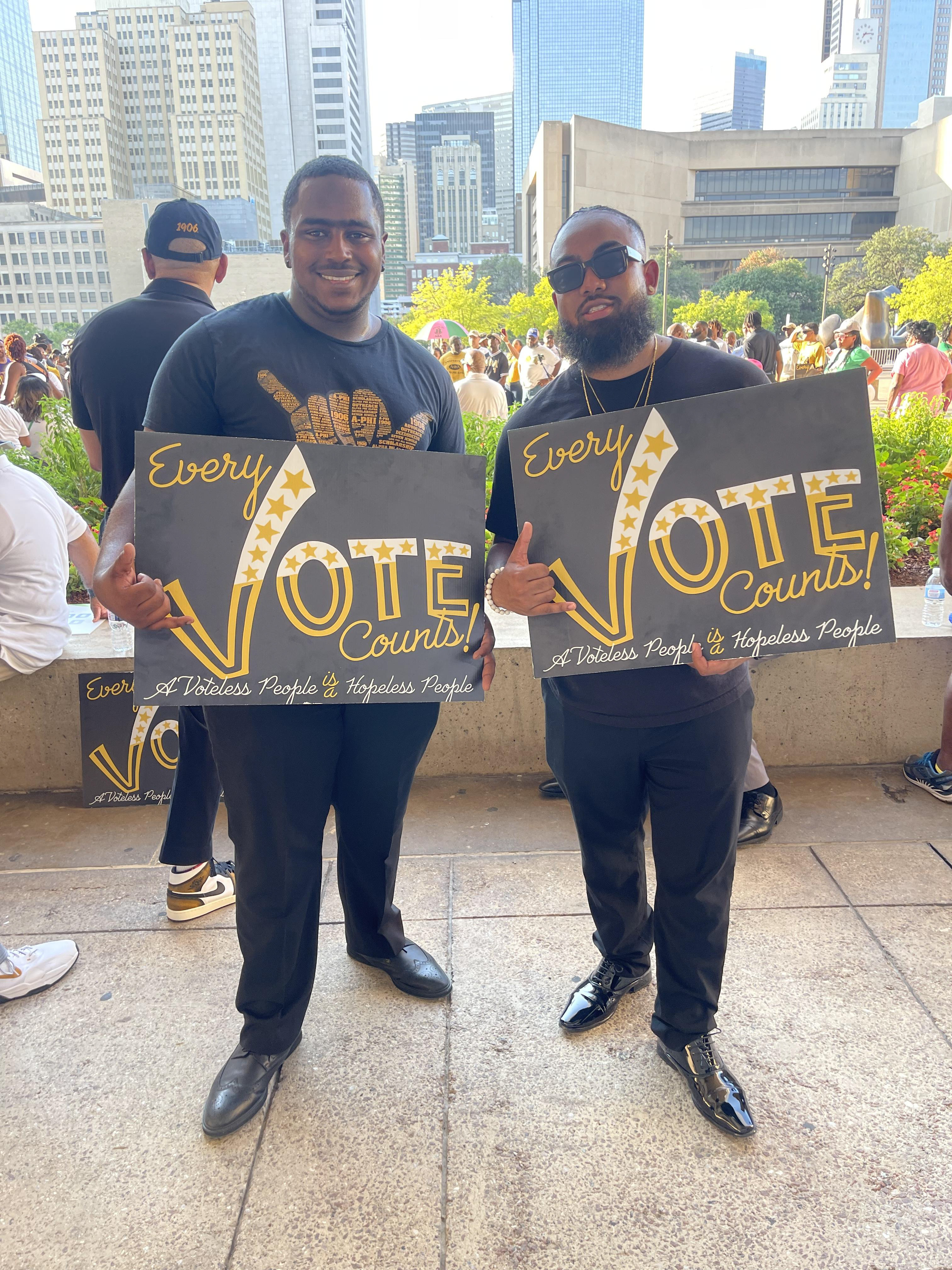 Bro Derrick Lewis (Pi Kappa) and Bro Sydney Cattouse after the March on Dallas