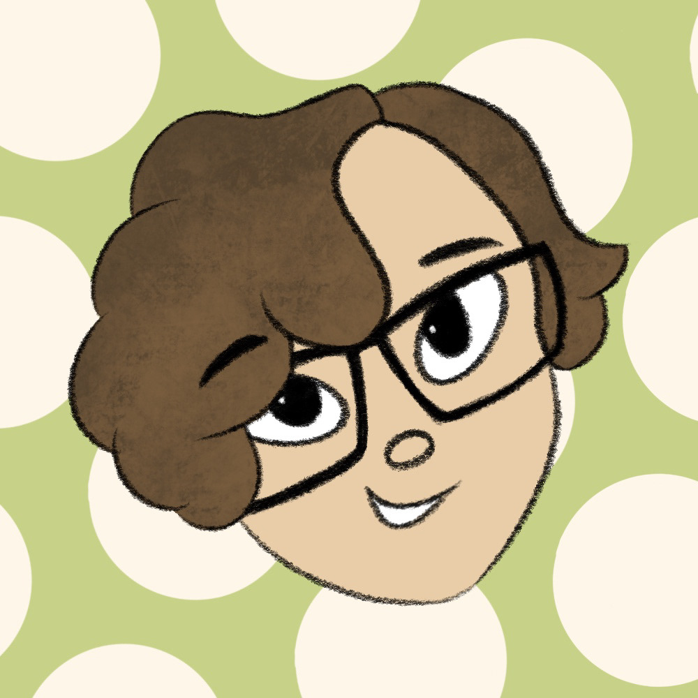An illustration of Hazel's face on a cream and green background.