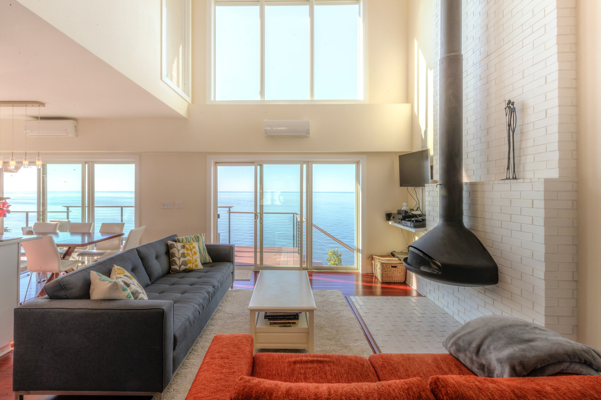 modern living room with Long Island Sound view