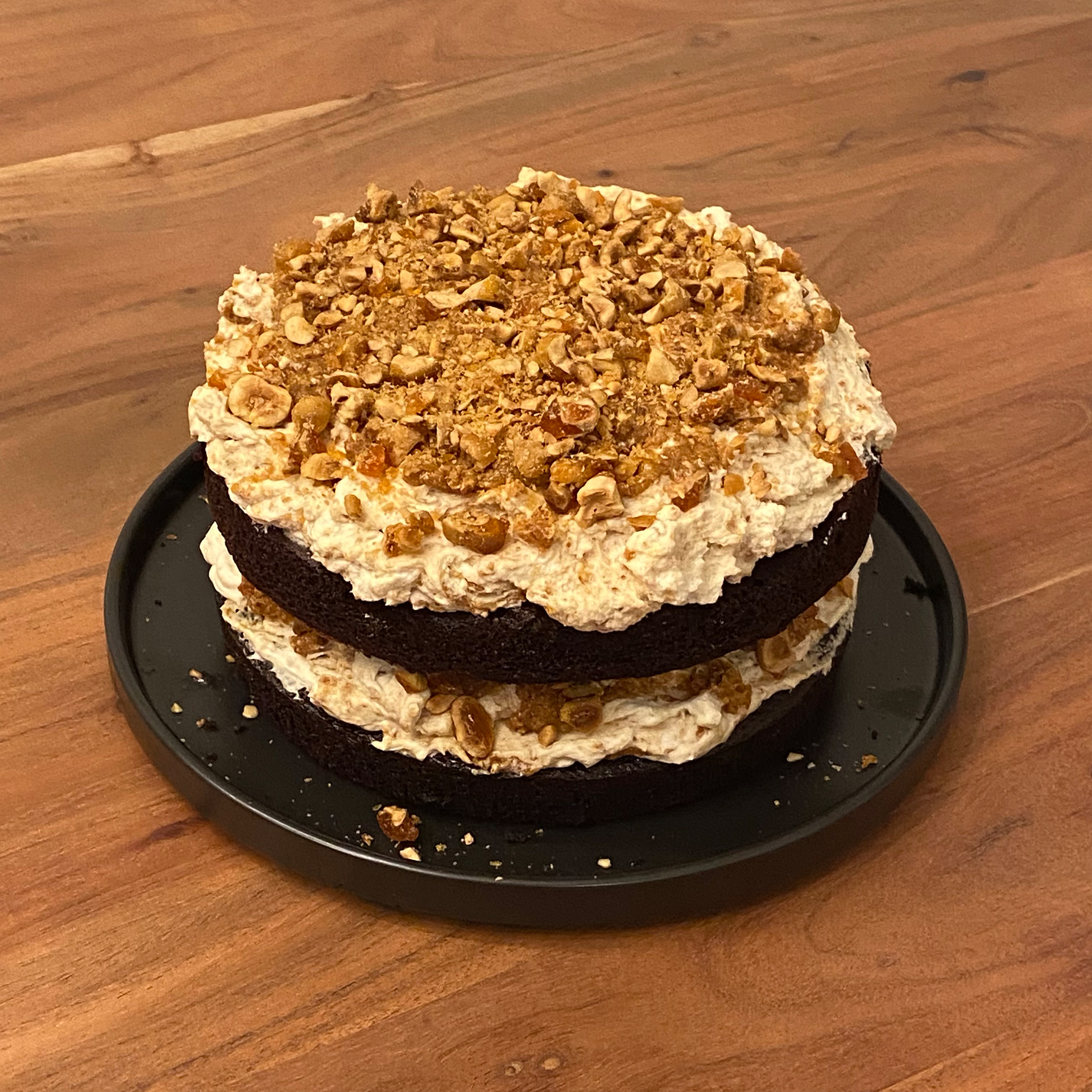 Devils Food Cake with Hazelnut Praline and Mascarpone Frosting