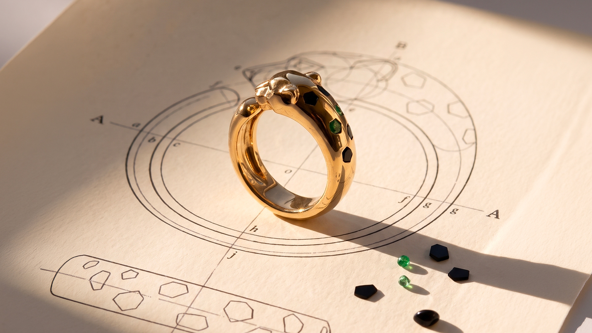 Bague Panthère de Cartier posée sur un dessin technique de joaillerie, pierres vertes et noires taillées autour