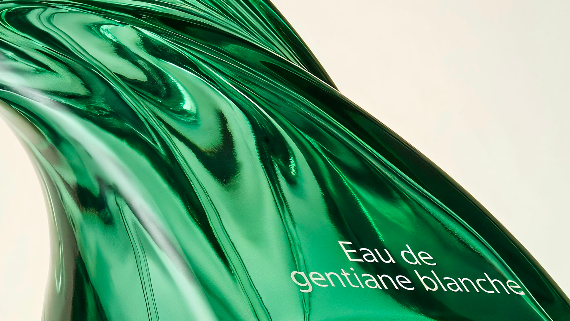Macro of a melting green glass Eau de Gentiane Blanche flacon — Hermès reimagined by Dalí, AI concept by Louis-Marie Dhenne