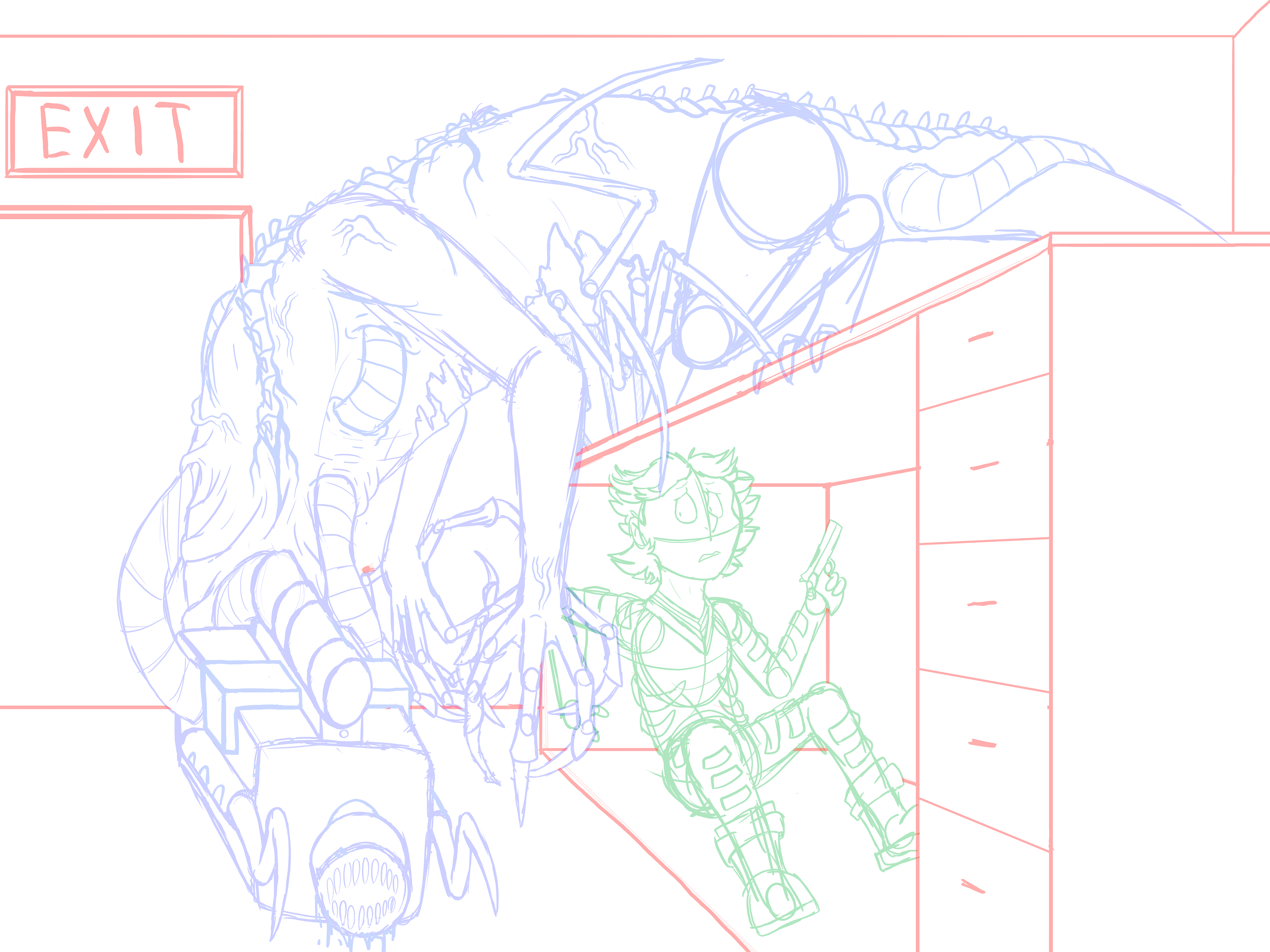 Rough sketch. Getting the pose right for the monster took a couple of tries.