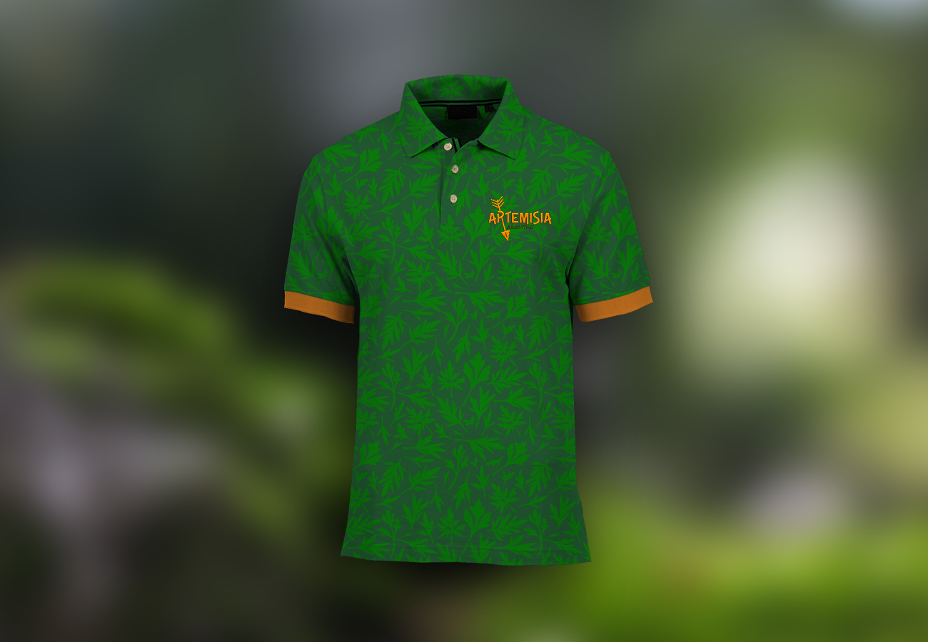 Polo Mockup. This polo is adorned with Artemisia's wormwood pattern and logo embroidered on the left breast.