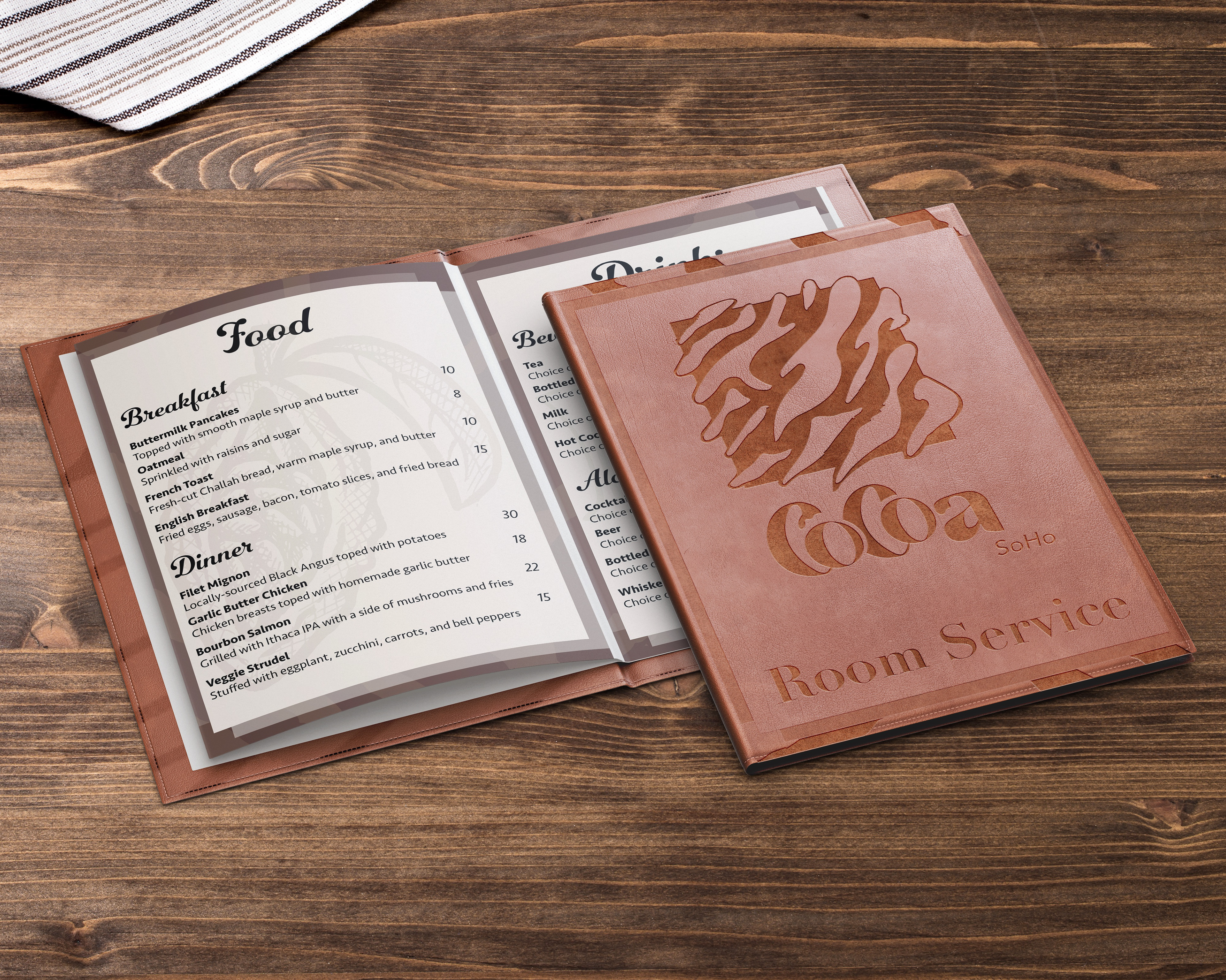 Room service. This was one of my favorite items to mock up. The ability to manipulate the leather texture allowed me to add different raised levels to the cover. Even the inside of the menu was given this treatment.  