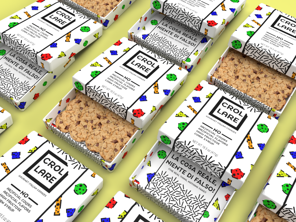 Cookie Box Mockup. Crollare's stands out from other companies by using colors not commonly used in cookie packaging. Due to Crollare's Italian origins, they embraced the Memphis Design of the 80s. Said design originates in Italy and is known for its bright colors and heavy use of geometric shapes.