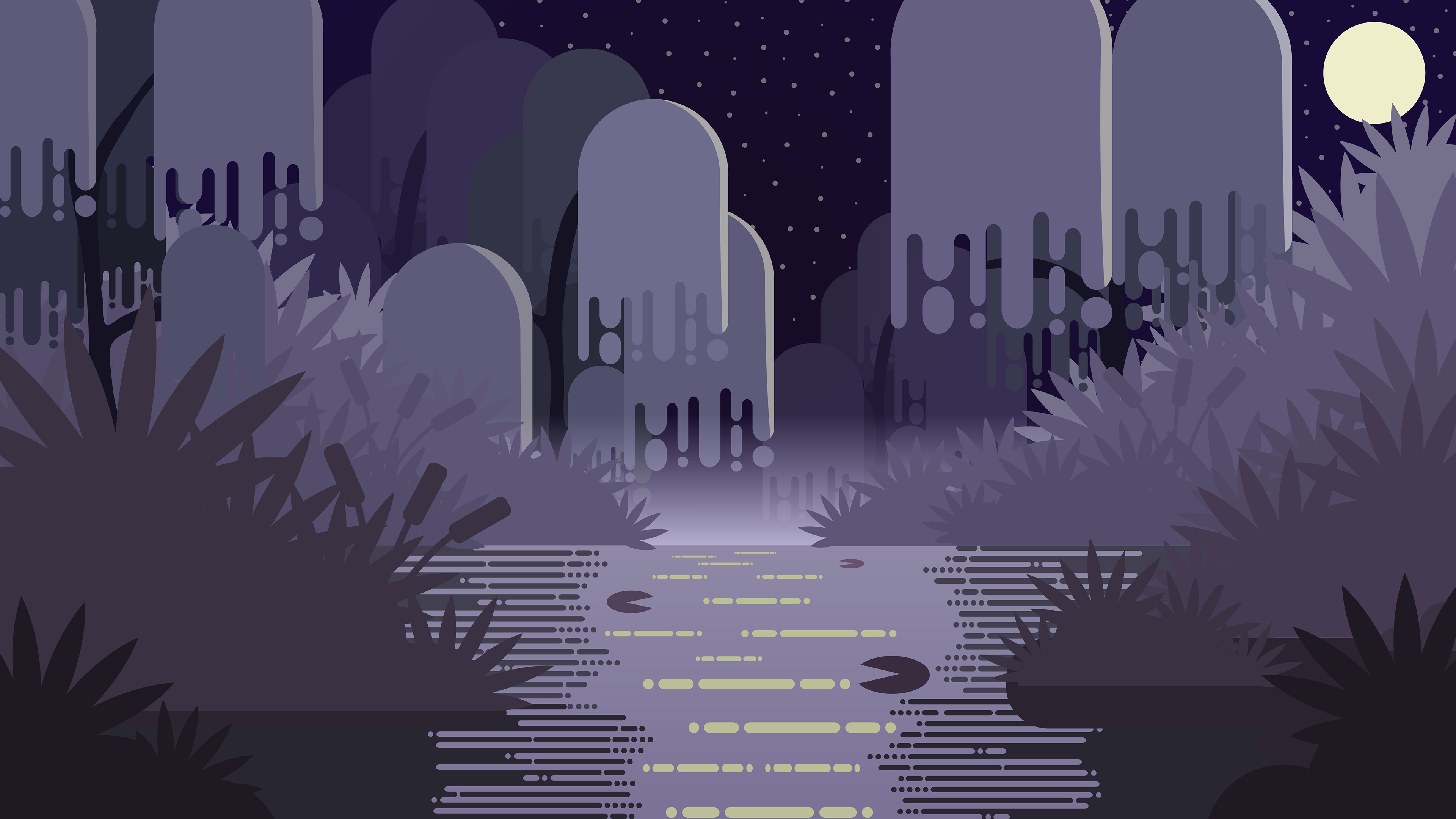 The Midnight Swamp is a vector illustration made in June 2023 using Adobe Illustrator. It depicts a swamp at night filled with ferns, bushes, and willow trees. I wanted to expand more with the marsh-like environment by placing the viewer closer to the water, as well as experimenting with complementary colors. 