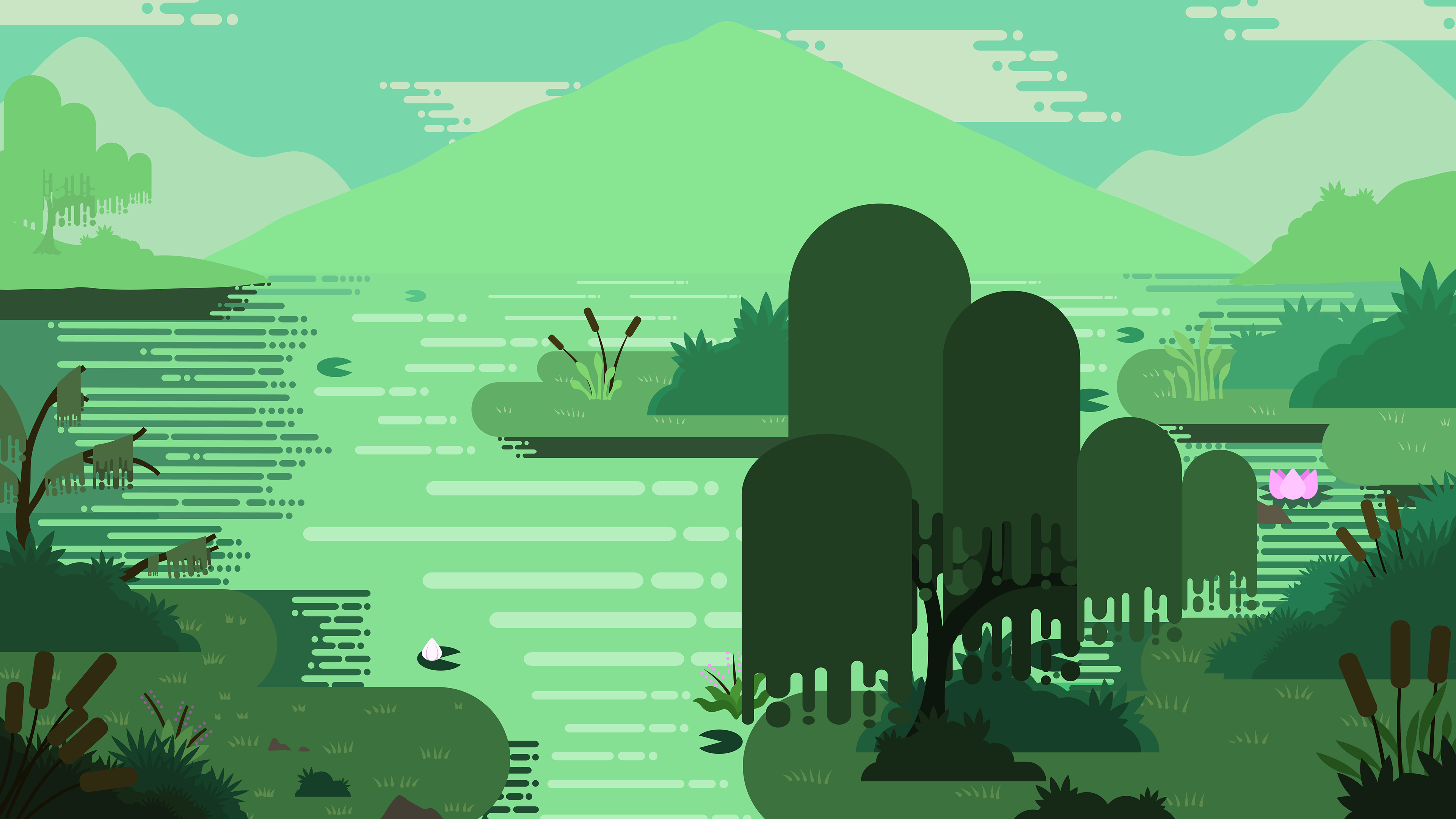 Making the layout for this illustration was challenging, as I debated on whether the viewer should be low to the ground or higher up. I decided to take the high end, as I wanted to show the top of the large willow tree on the right.