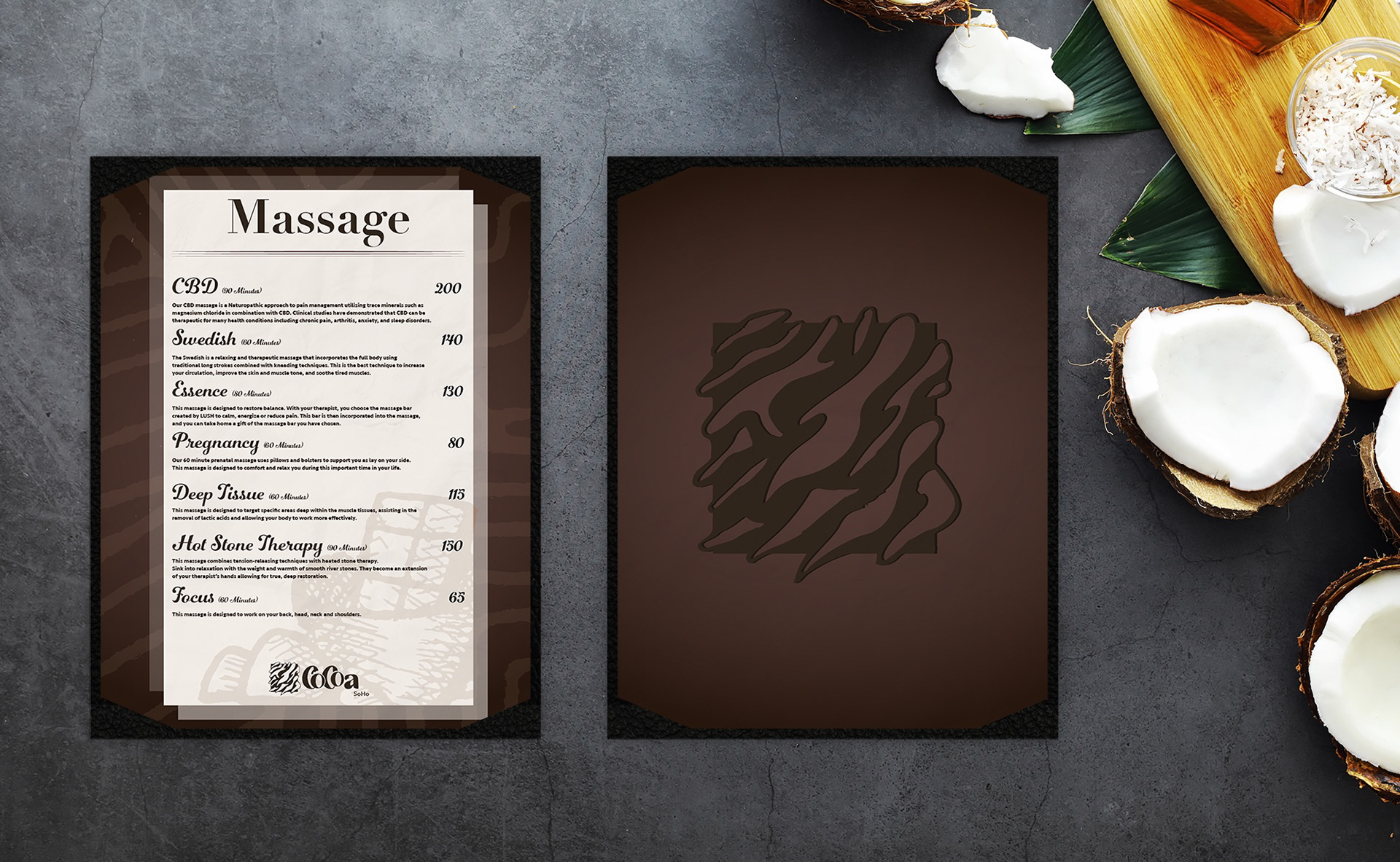 Spa menu. To maximize the luxurious feeling of a spa, I kept the textures smooth and velvety. Once the menu is turned over, you are met with the familiar patterns and spa icon. I wanted to use spa choices that affect different parts of the body. These ranged from a Swedish massage, a hot stone massage, and even a pregnancy massage so that nobody is left out of this experience.  
