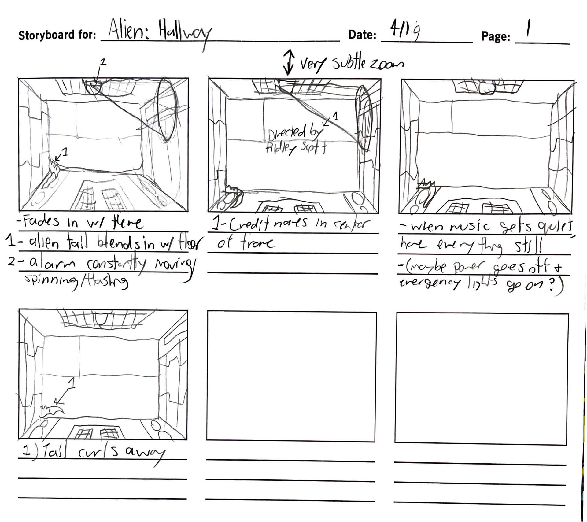 Storyboard 1 (used). I enjoyed the idea of the camera slowly zooming in as lights and fog appeared while the credits were playing.