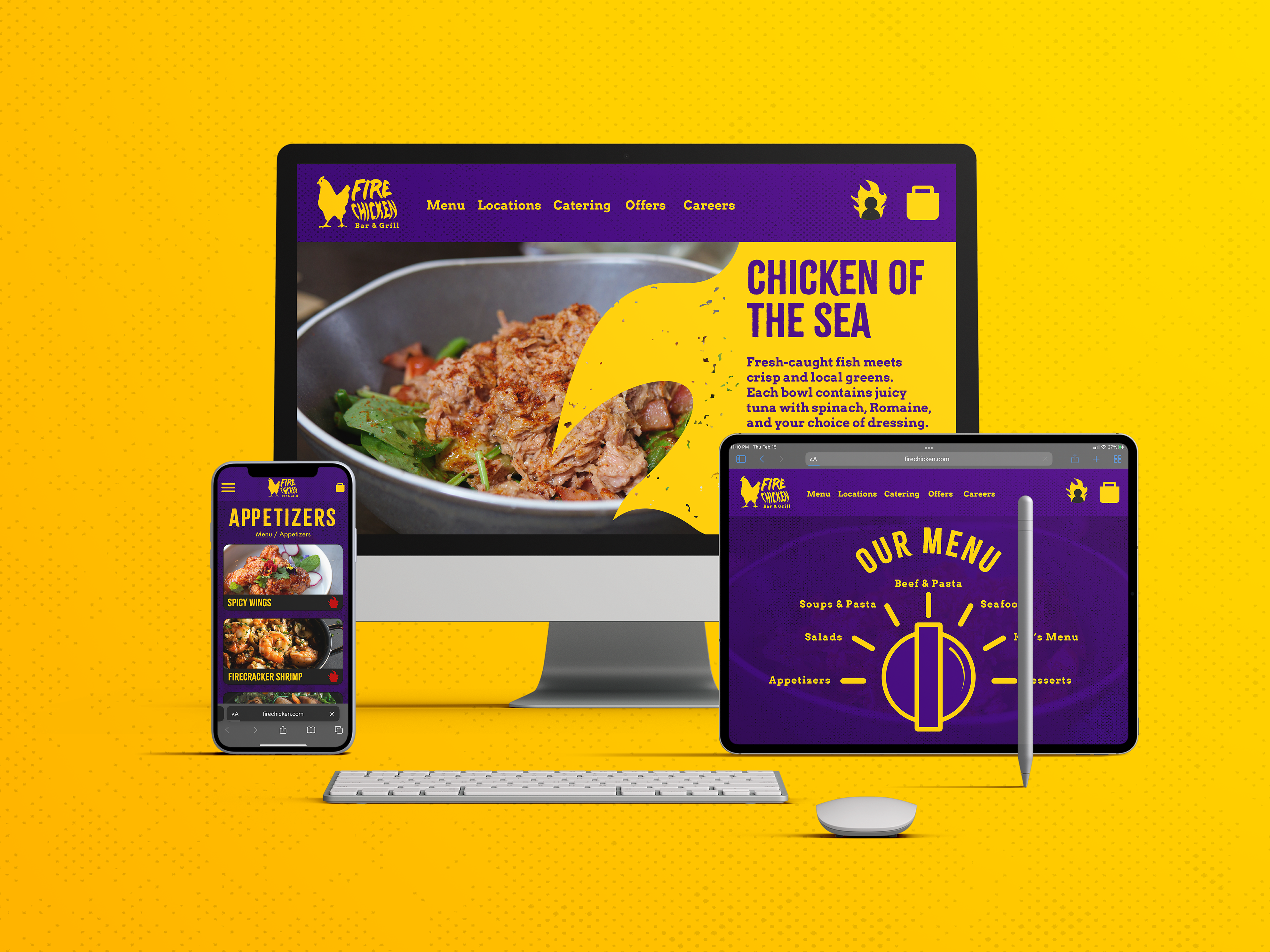 Desktop, mobile, and tablet website protoypes. For the menu, the idea was that the user clicked on on the menu titles and the stove dial would turn and show said food items. The idea behind the design was to add a bit of interactivity and to keep clutter off the screen.