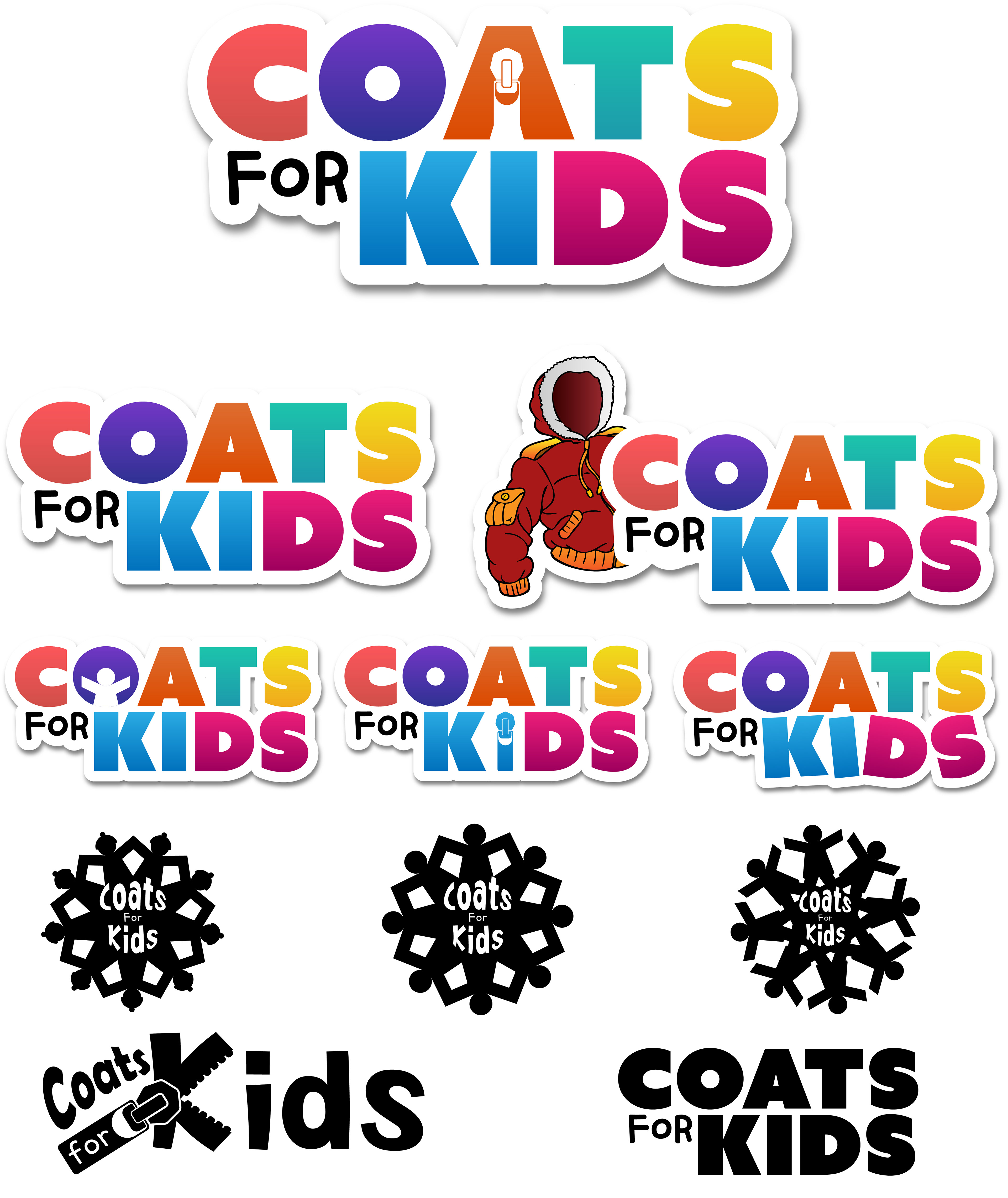 Evolution of the Logo: Coats for Kids's logo needed to be used for many mediums. These mediums included on-air monitors, billboards, print, and social media. This required it to be read and understood quickly. I made the logos black & white at first to assess the silhouette. We rejected the snowflake but stuck with the zipper and the sans serif font. Later, the colors were chosen and the logo was further boiled down. 