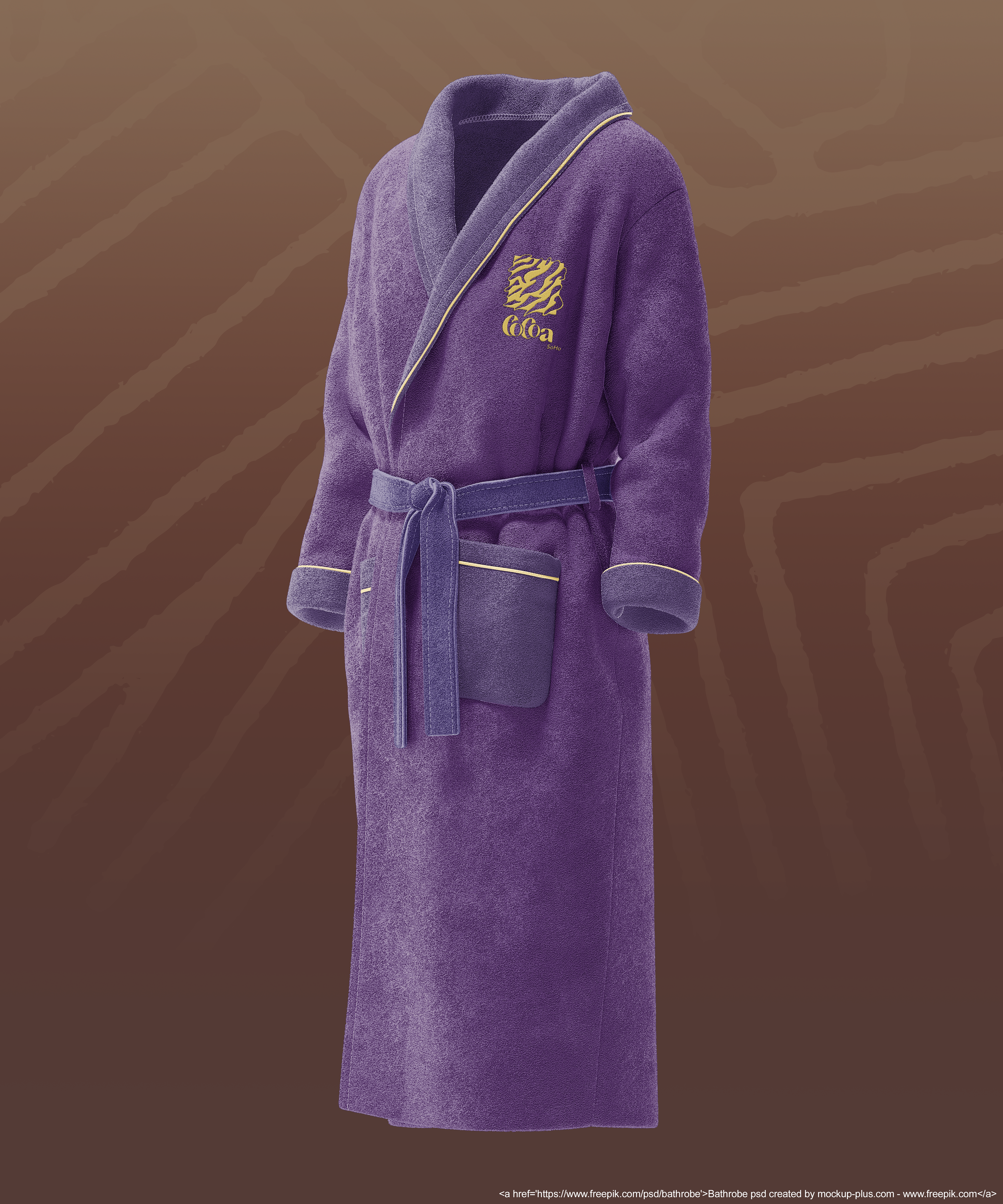 Robe. Using the secondary colors proved to work quite well when designing this robe mockup. I used yellow on the logo so that it would stand out from the purple. Stitches were also given this treatment as well. For the robe, I wanted it to be as puffy as can be to maximize comfort after a session in the spa.