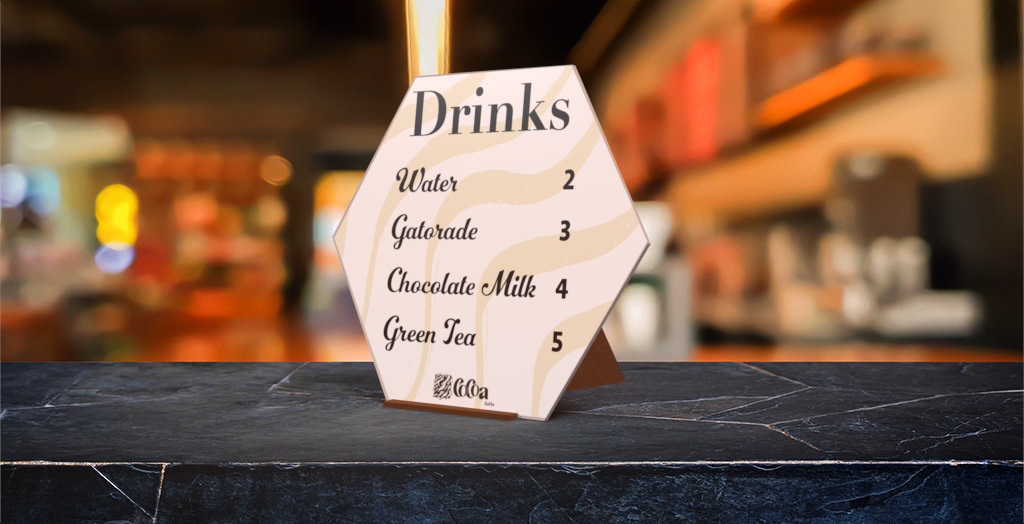 Refreshment Bar menu. After a busy day outside or at the indoor gym, nothing hits better than a refreshing drink. I kept the menu small and simple so that orders can be made quickly. I decided to add wavy lines to reflect a feeling of relaxation, but made them yellow to represent being energized. 