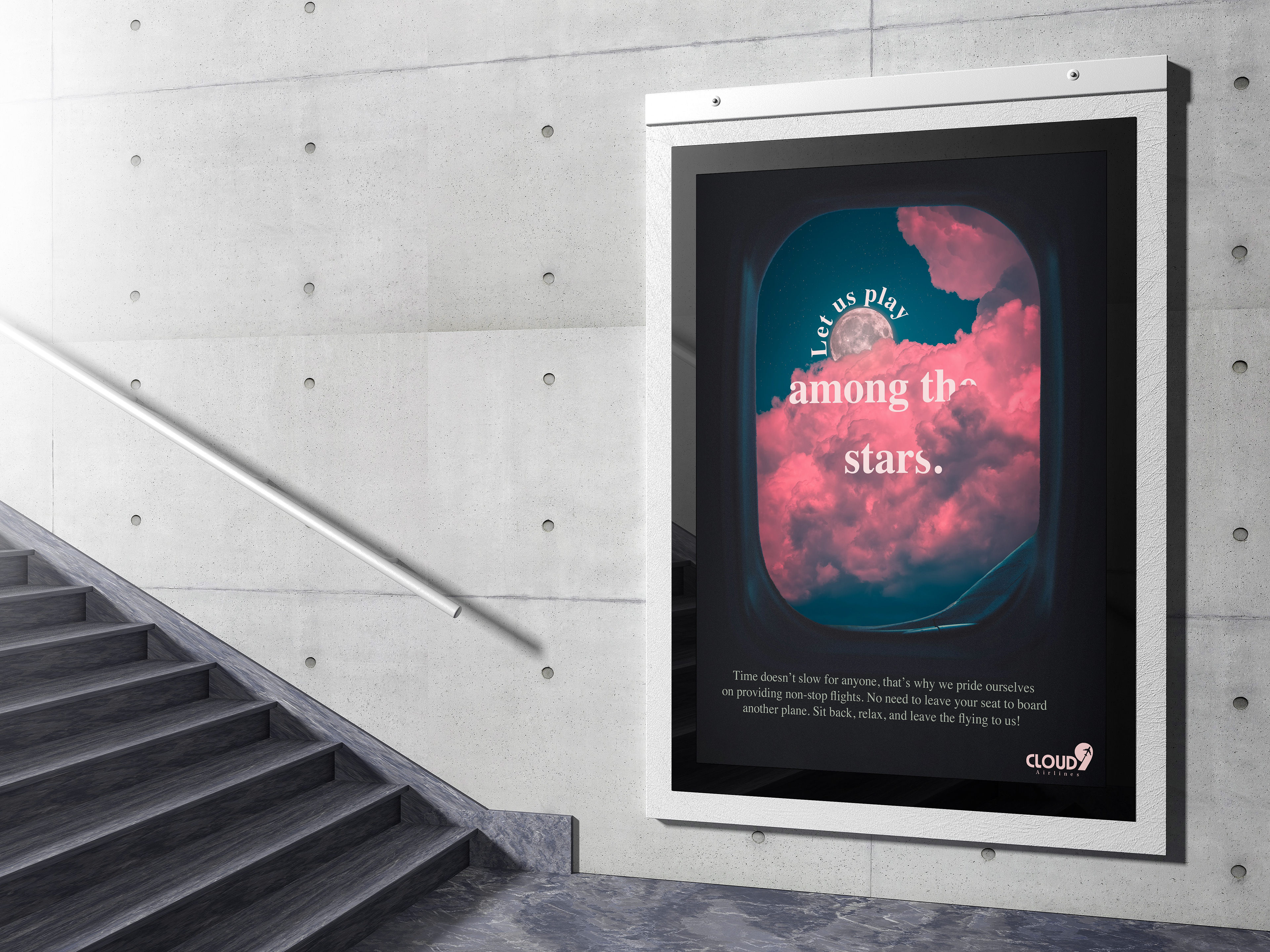 Nighttime Ad showing off Cloud9's non-stop flights.