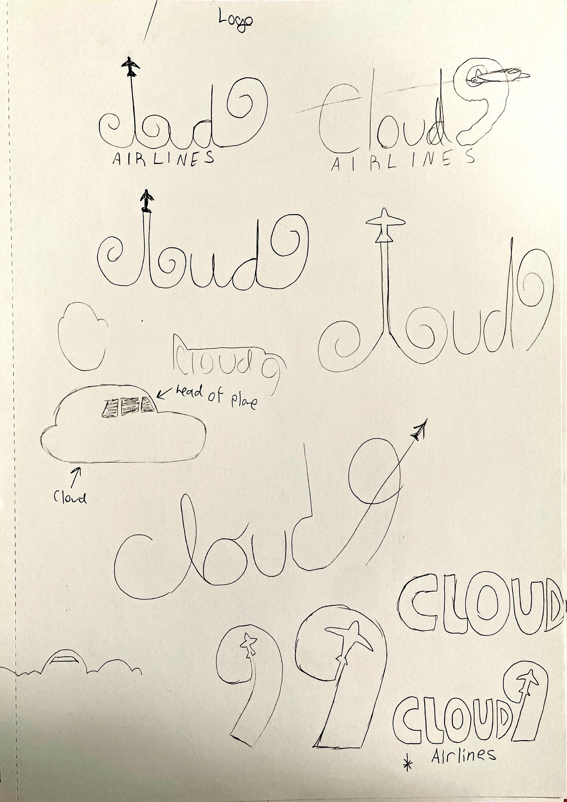 Other logo prototypes and final design. I tried more classic designs such as the plane making a hole to form the 9, as well as the head of the plane forming a cloud. They too didn't work out until I figured that having the plane form negative space in the center of the 9 would work perfectly. I used Atari's font for the base of the logo and rounded the edges. This made the logo more bouncy and more cloud-like.