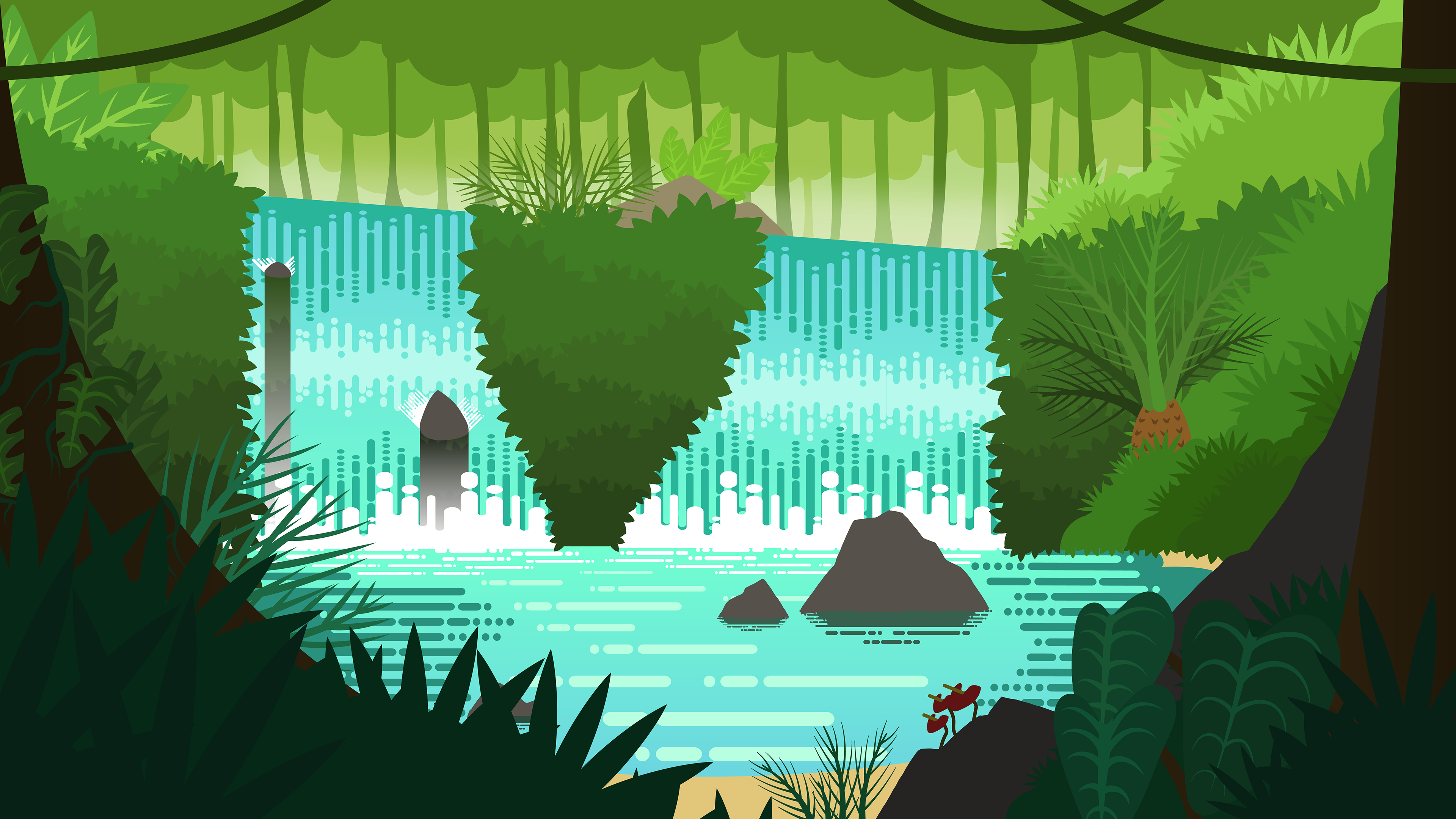 Secret Jungle. This one was the most complicated due to the variety of plants, layering, and the waterfall shading. I wanted to make it look like the viewer just found a secret pool with a waterfall deep within a thick jungle.