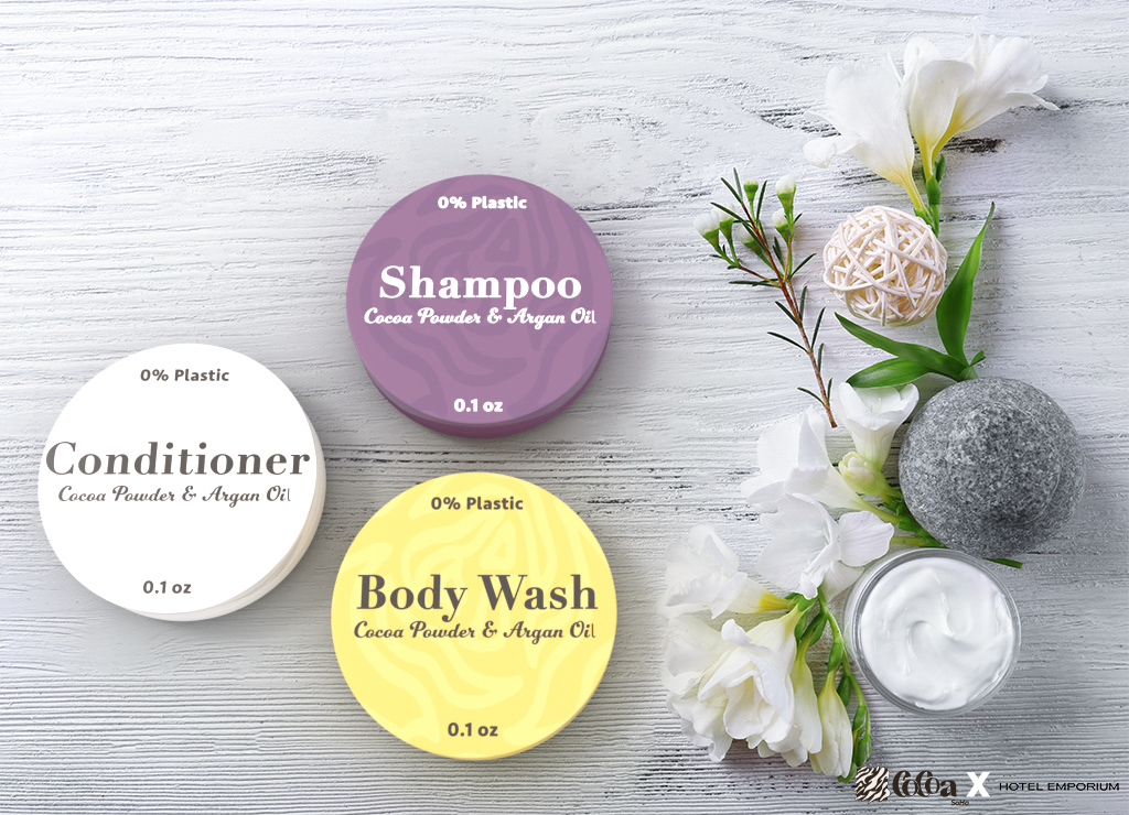 Powdered toiletries. We didn't settle for one set of toiletries, we decided to go with two so that our guests had a choice. My partner found a company that makes powdered shampoo, conditioner, and body wash. Since there was no clear way to mimic the packaging, I decided to put it packaging that matched our brand much more.