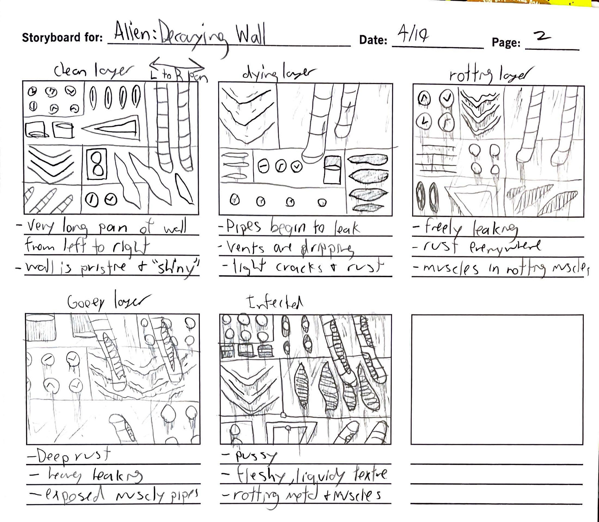 Storyboard 2. This one was supposed to show the side of the Nostromo's wall decaying, becoming more grotesquely organic. This was inspired by the Alien's design, as the xenomorph itself has a mix of industrial and organic design to it. I also wanted to reference the fact that the alien is everywhere, blending into the scenery when you don't even realize it. Afterall, the fact that you can't see the monster is what made Alien so scary when it came out.