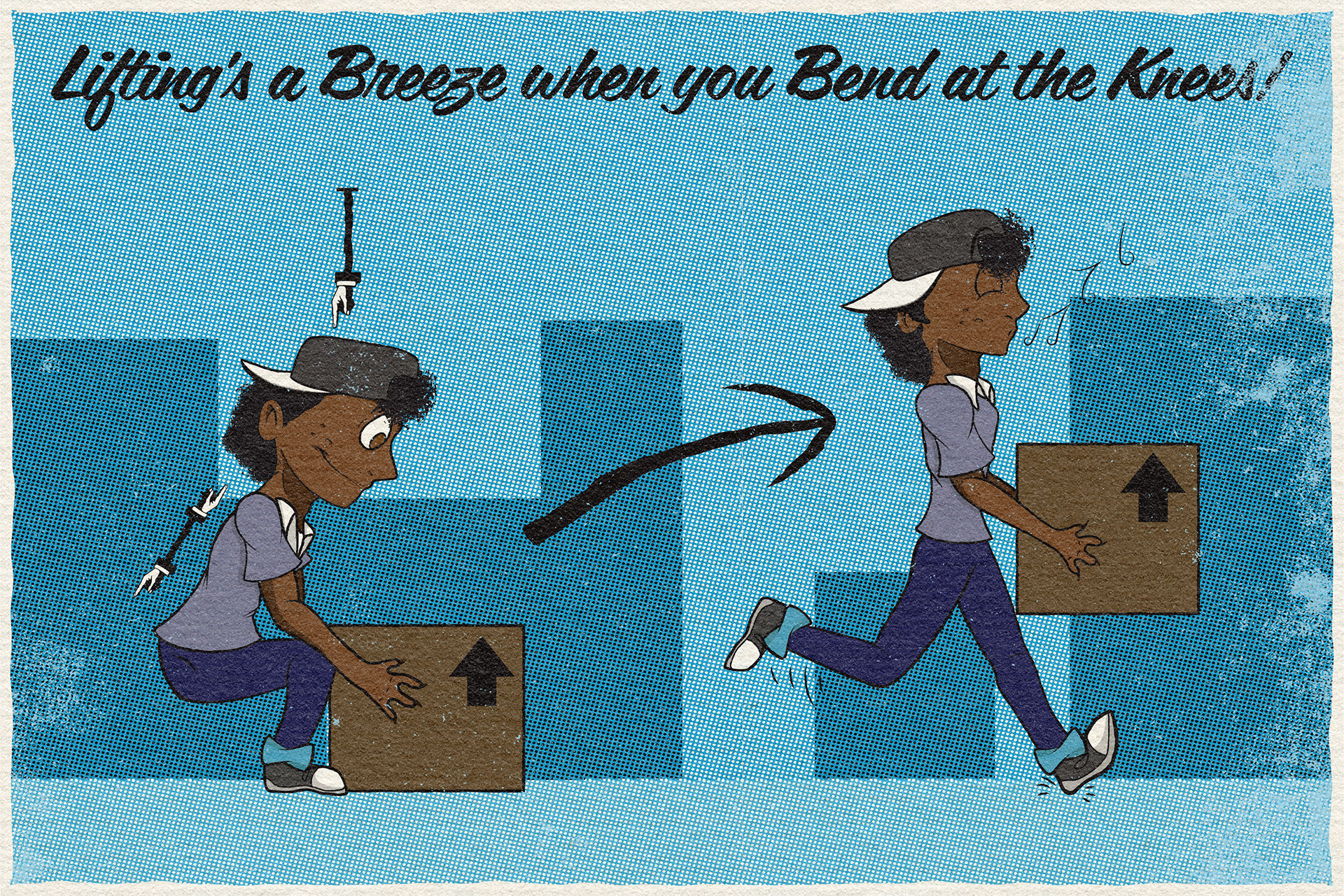 May- Lifting's a Breeze when you Bend at the Knees: This month emphasizes the importance of bending at the knees when picking up heavy objects so as to not strain one's back. 