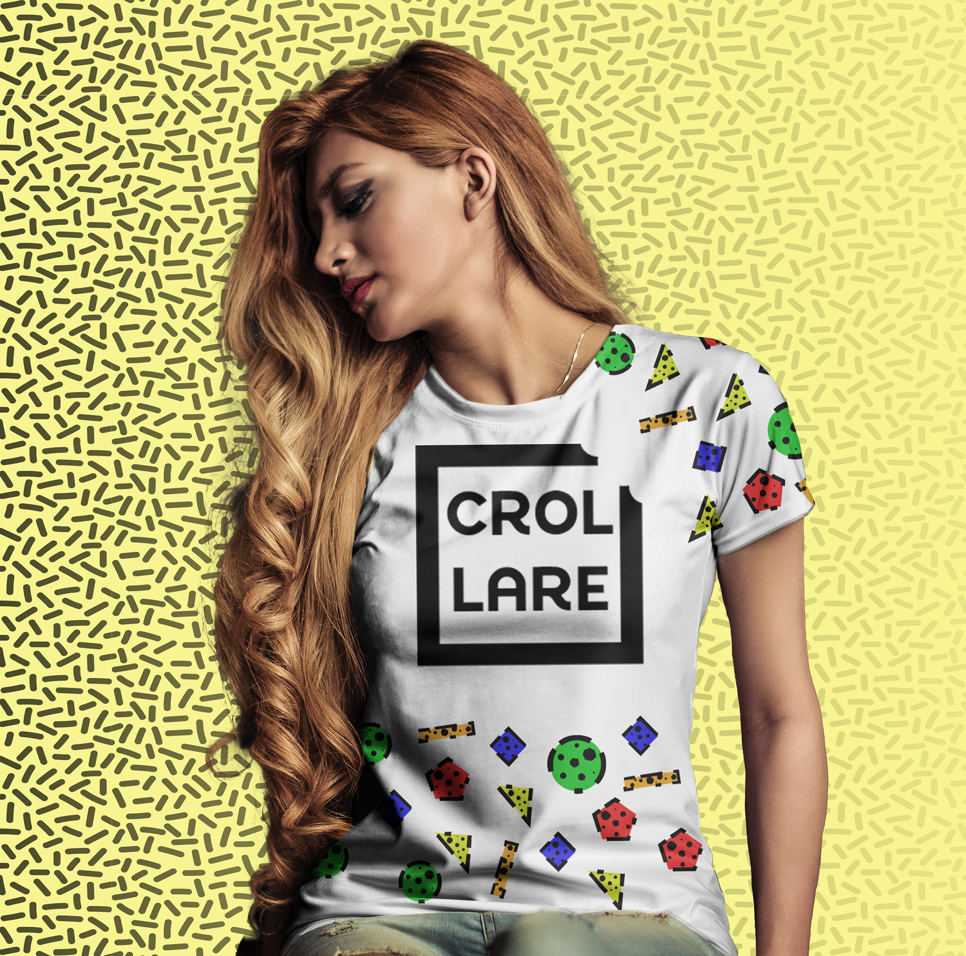 Shirt Mockup. Crollare has a selection of apparel that uses their colorful shape pattern to adorn the white space of the shirt.