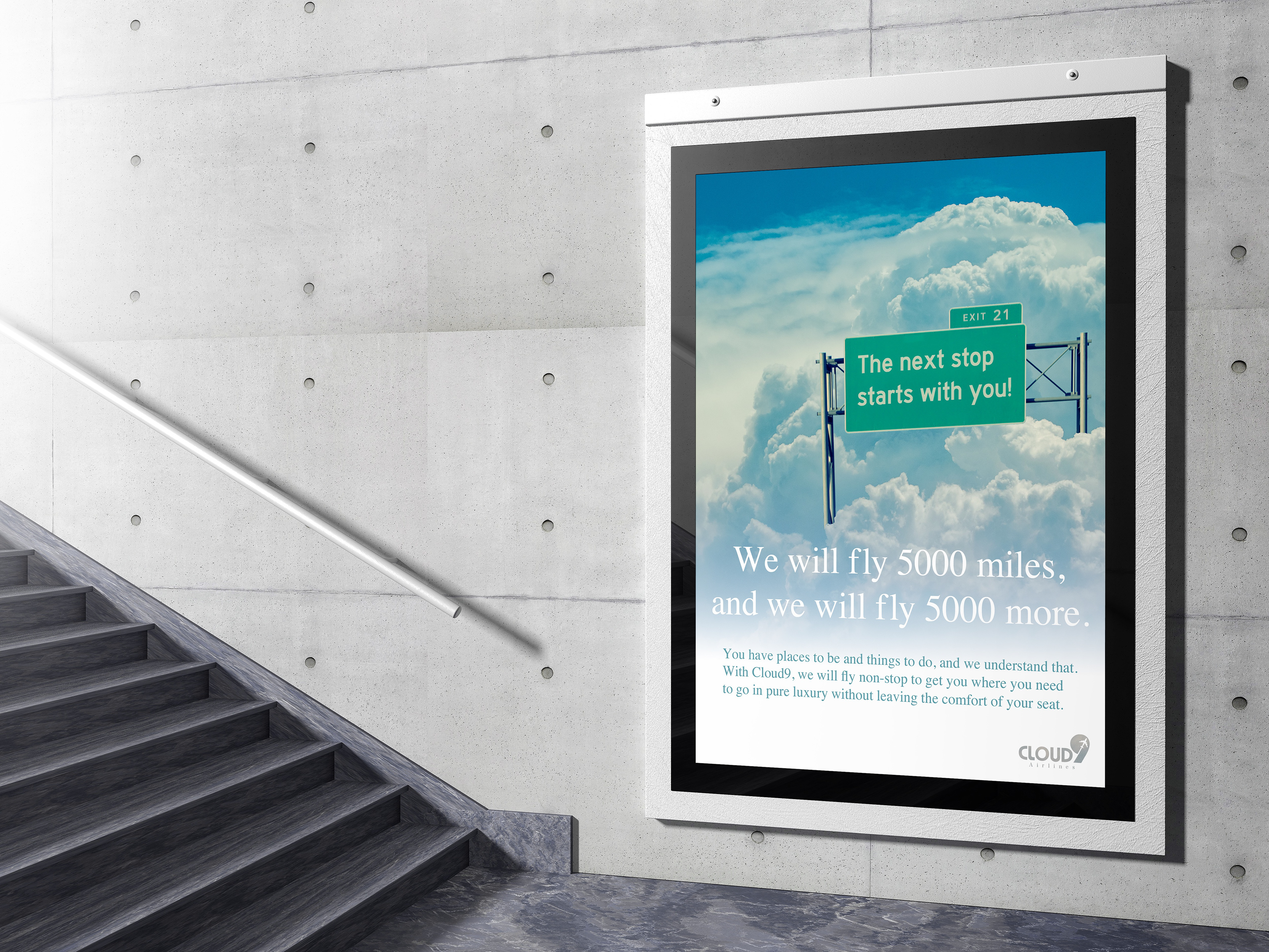 Skyway Ad showing off Cloud9's non-stop flights and their extensive flight path limit.