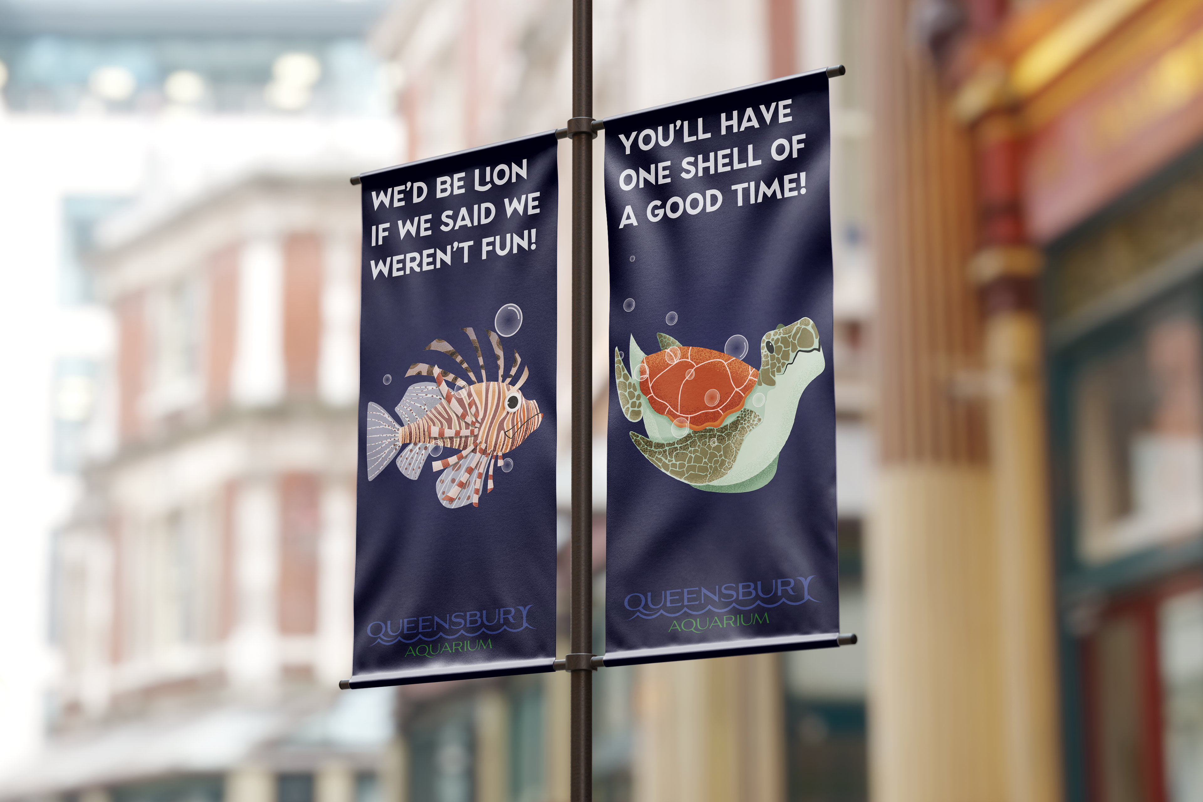 Aquarium light pole banners.