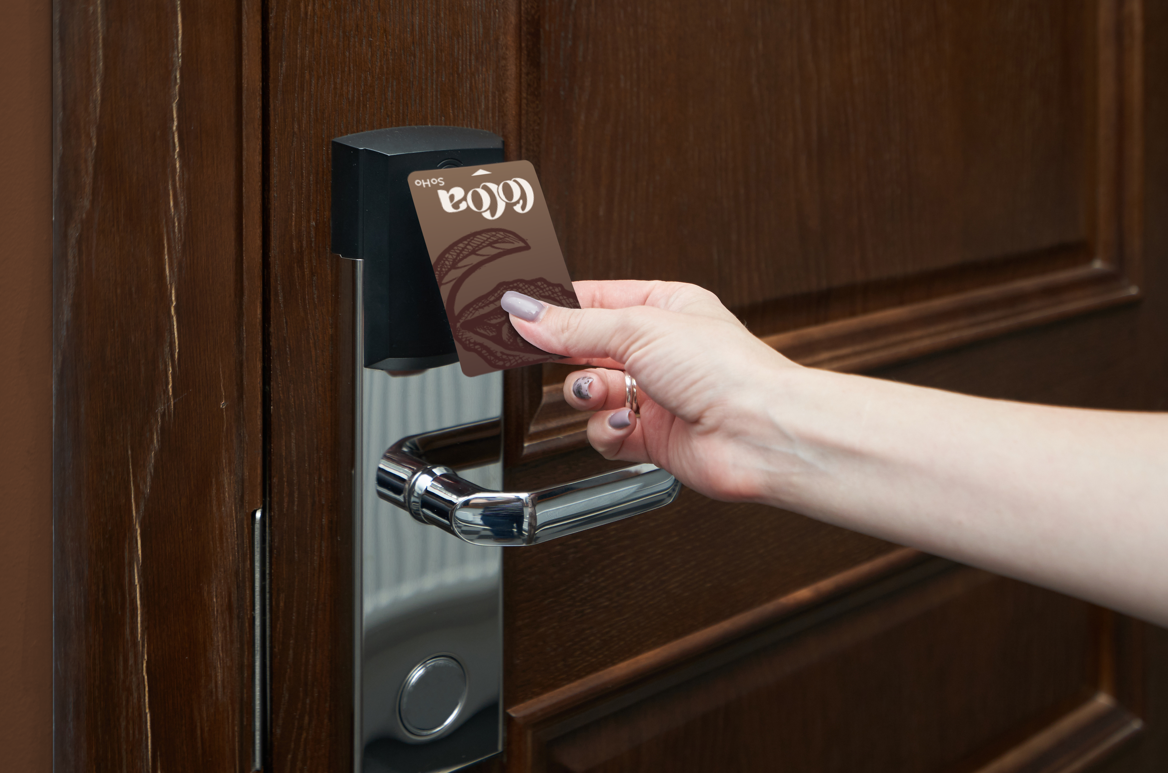 Key card being used. When you enter your room, many small goodies await.
